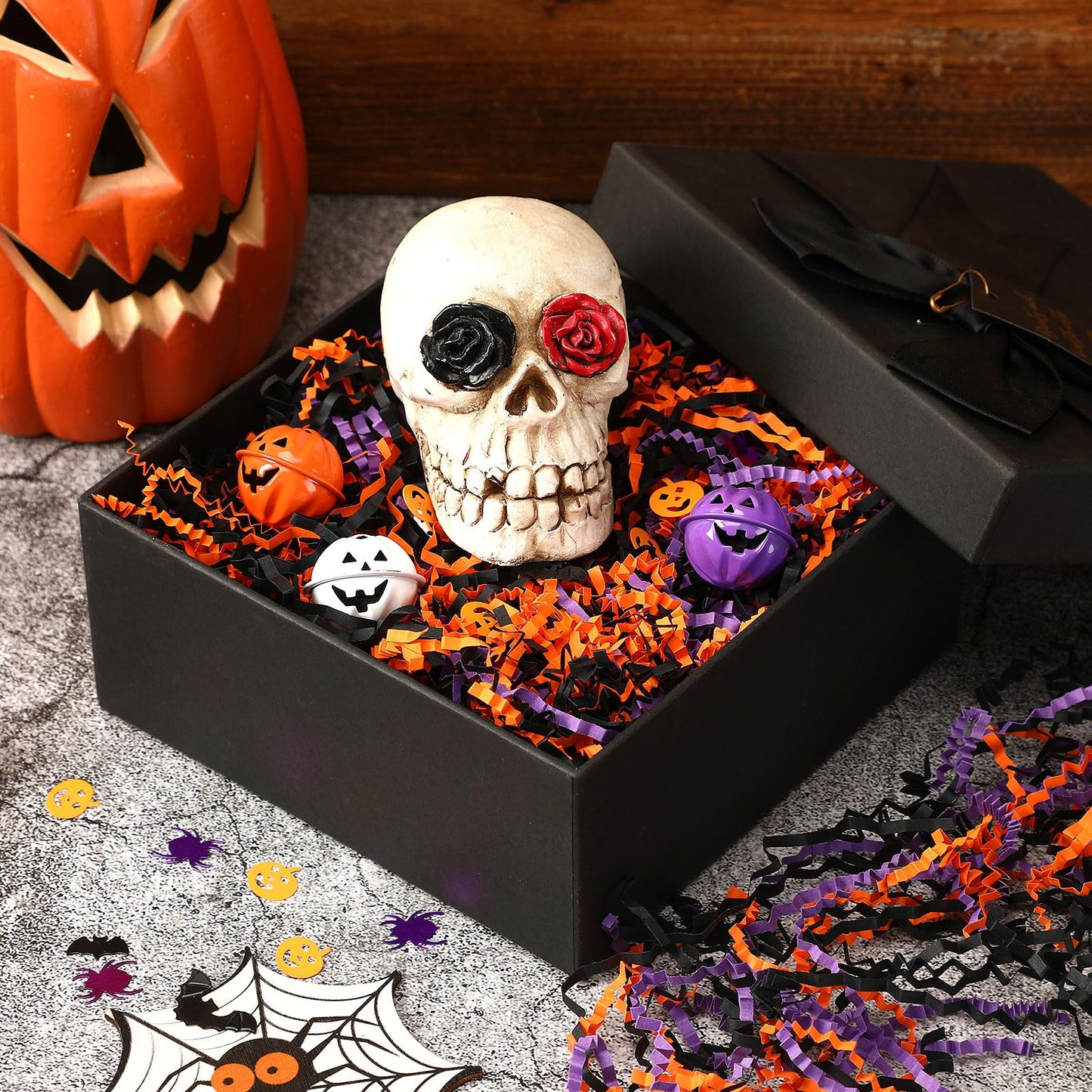 Jansun Halloween Black Orange Purple Crinkle Cut Paper and Confetti, 453g/16oz Shred Filler with Pumpkin Spider Bat Confetti for Gift Wrapping Craft DIY Basket Filling Trick or Treat Candy Decorations