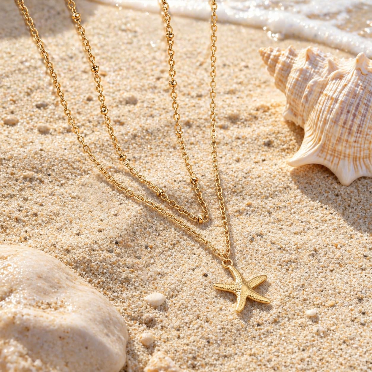 Starfish Necklace Beach Summer Layered Necklaces for Women Non Tarnish Waterproof 14K Gold Plated Necklace Stack Dainty Choker Beaded Chain Cute Star fish Pendant Ocean Charm Trendy Summer Beach Vacation Jewelry Gift (2pcs-Starfish Necklace)