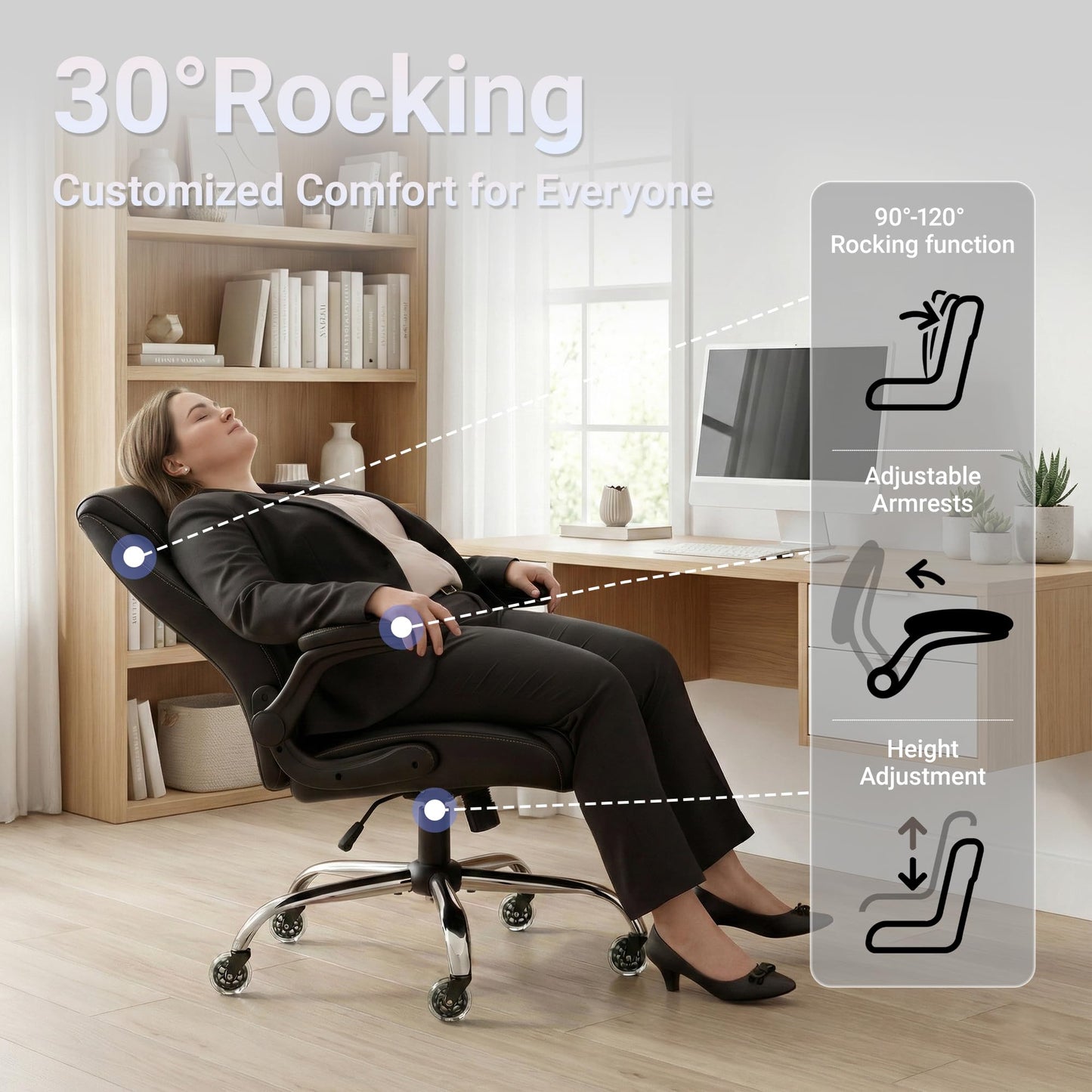 FAMSINGO Big and Tall Office Chair for Heavy People, 500LBS High Back Extra Wide Executive PU Leather Office Chair with Flip-Up Armrests, Quiet Rubber Wheels, Comfortable Home Office Desk Chair