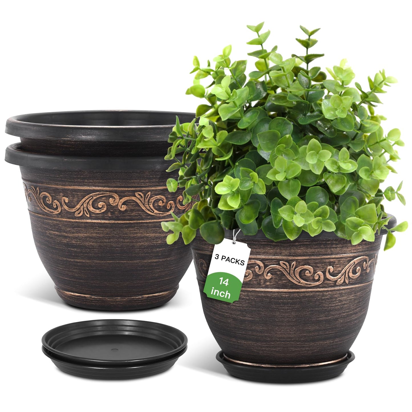 Plastic-Plant-Flower-Planters-14 Inch With Drainage Hole & Saucer, 3 Packs Lightweight Large Resin Flower Pot Indoor Outdoor, Retro Antique Imitation Decorative Garden Containers Sets For Houseplants
