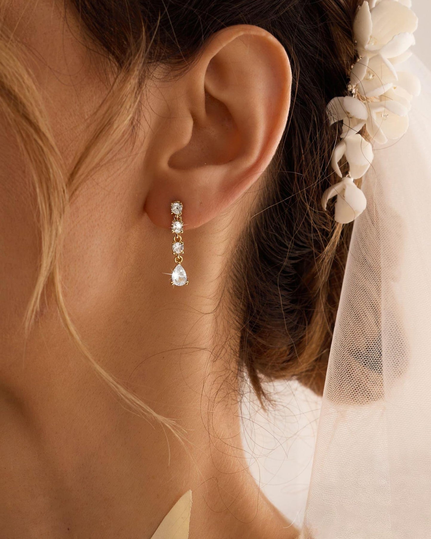 Asdecy Gold Dangle Earrings for Women Trendy - 14K Gold Plated Brides Drop Dangle Cubic Zirconia Elegant Prom Bridal Bridesmaids Wedding Anniversary Dangling Jewelry