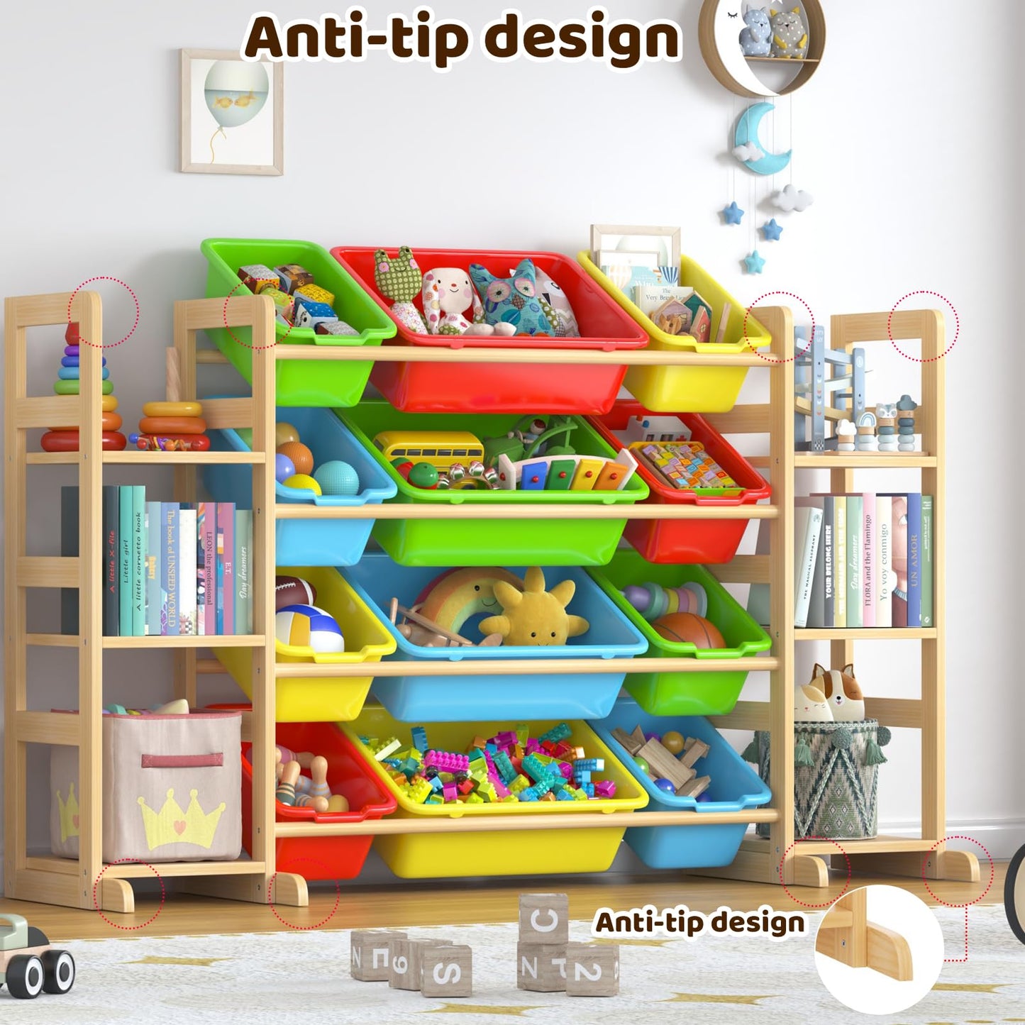 Ratulie Large Toy Storage Organizer Kids Toy Organizer and Bookshelf Combo with 12 Bins and 6 Shelves Toy Organization Box Toy Shelf for Playroom, Bedroom, Nursery