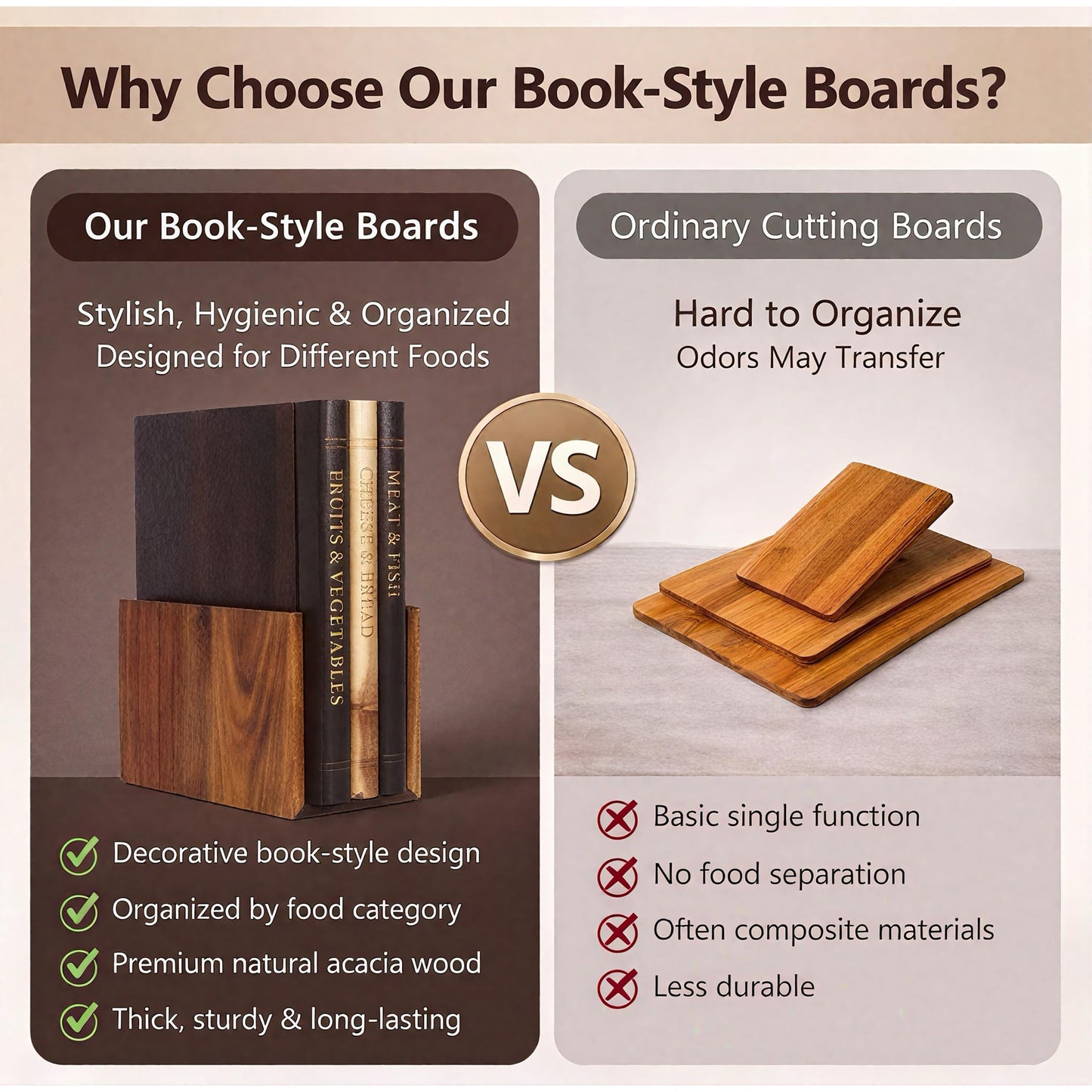 FUSAHURIY Australia Acacia Wood Book-Style Cutting Boards with Stand, Set of 3 Kitchen Boards for Hands-Free Recipe Viewing, First-Time Cooking, Breakfast Prep, Family Cooking and Housewarming Gift