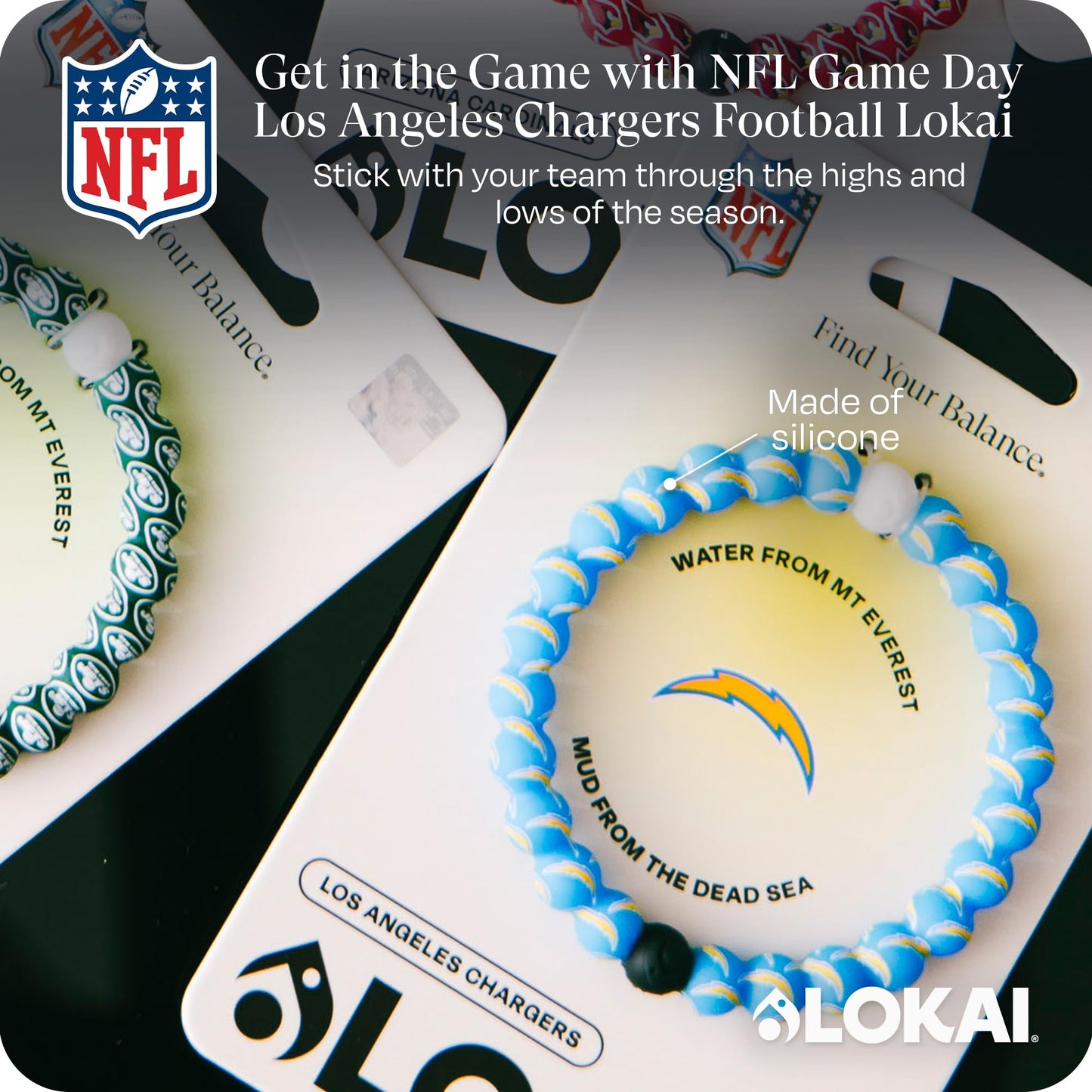 Lokai Silicone Beaded Bracelet for Men & Women, NFL Football Collection - Los Angeles Chargers, Medium - Silicone Jewelry Fashion Bracelet Slides-On for Comfortable Fit