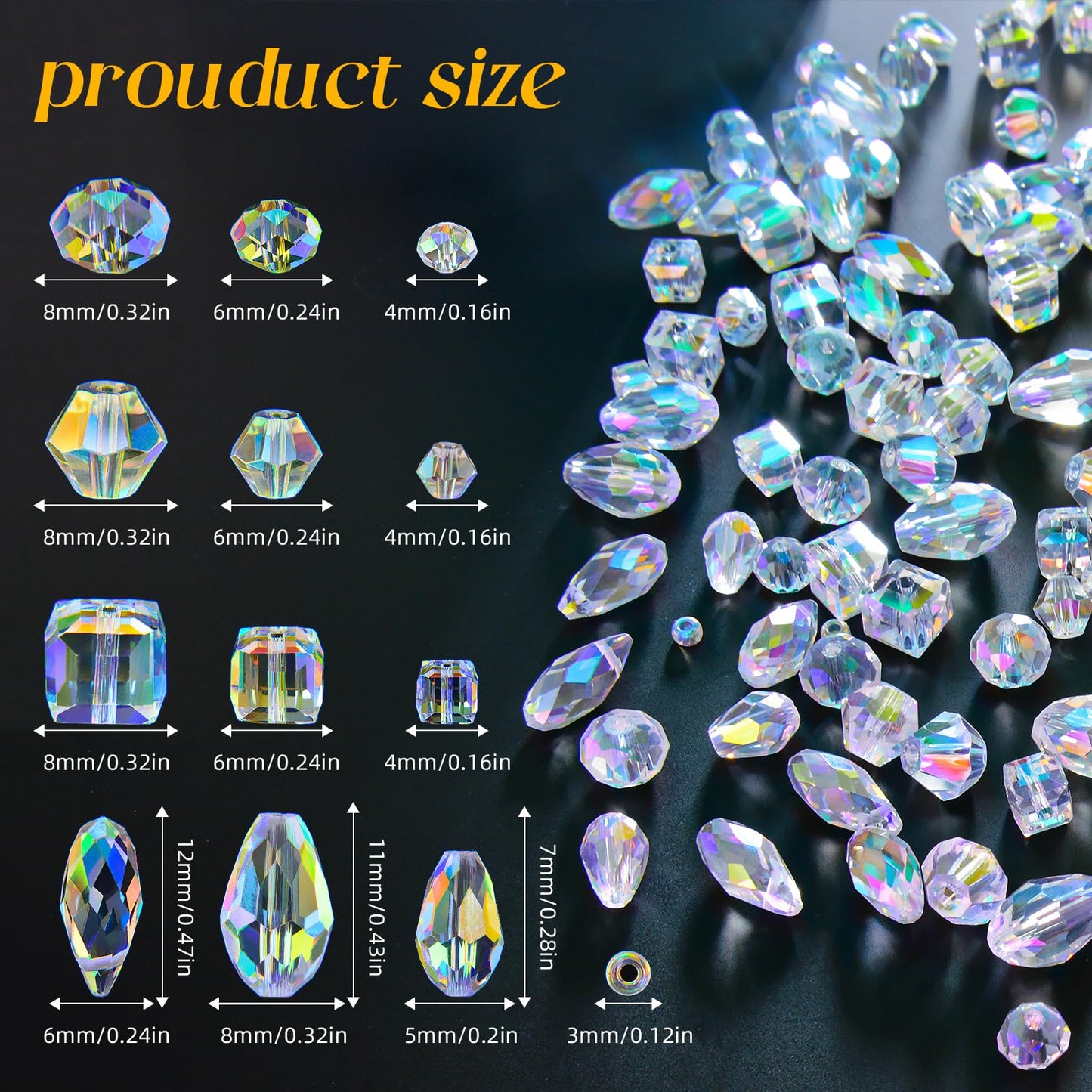 Laopottbeads 1500 Pcs Crystal Glass Beads for Jewelry Making – 12 Styles Bicone, Rondelle, Cube, Teardrop & 3mm Spacer Beads, DIY Bracelet Necklace Earring Craft Kit with Organizer Box(AB Color)