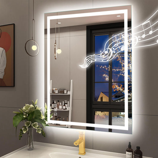 STARLEAD Led-Bathroom-Mirror-with-Lights, 28"x36" Wall-Mounted with 3 Colors Dimmable Light, Bluetooth Speaker, Anti-Fog, Memory, Tempered Glass, Front & Backlit (Horizontal/Vertical)
