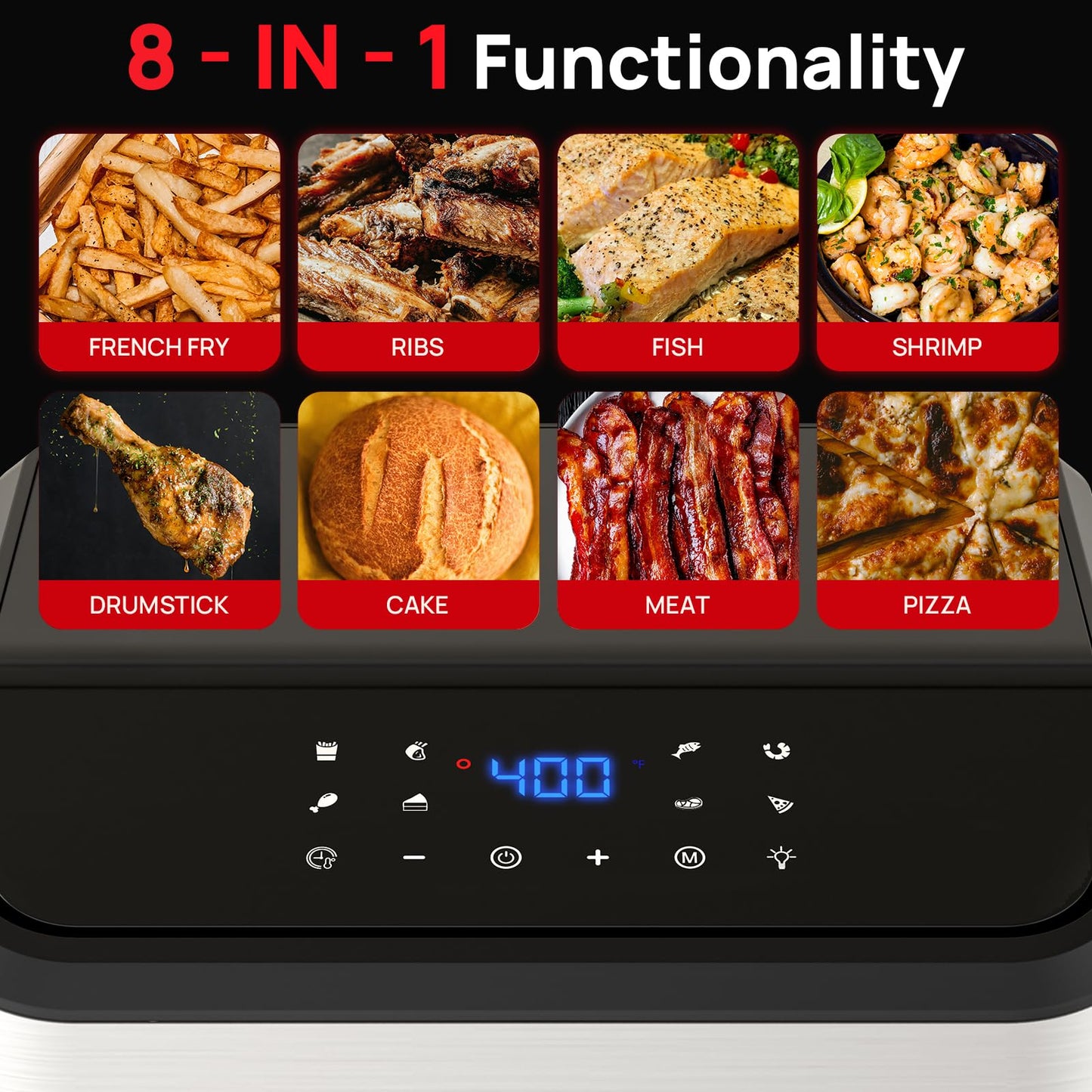 ARINOO Air Fryer Pro with Viewing Window, XL 8 Qt Family Size, 8 Presets French Fries, Chicken, Meat, Pizza, 360° Even Cooking, Recipe Book, 1500W, Nonstick Dishwasher-Safe Basket, 400°F, Black