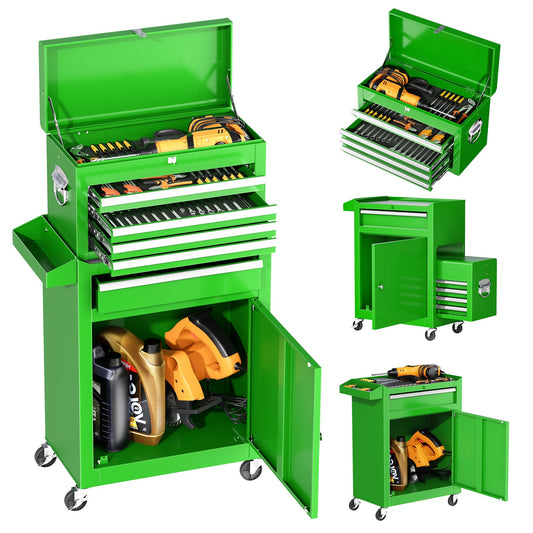 INTERGREAT 5-Drawer Rolling Tool Chest with Detachable Top Tool Box, Universal Lockable Wheels, Metal Tool Chest for Garage, Workshop, Barbershop (Green)