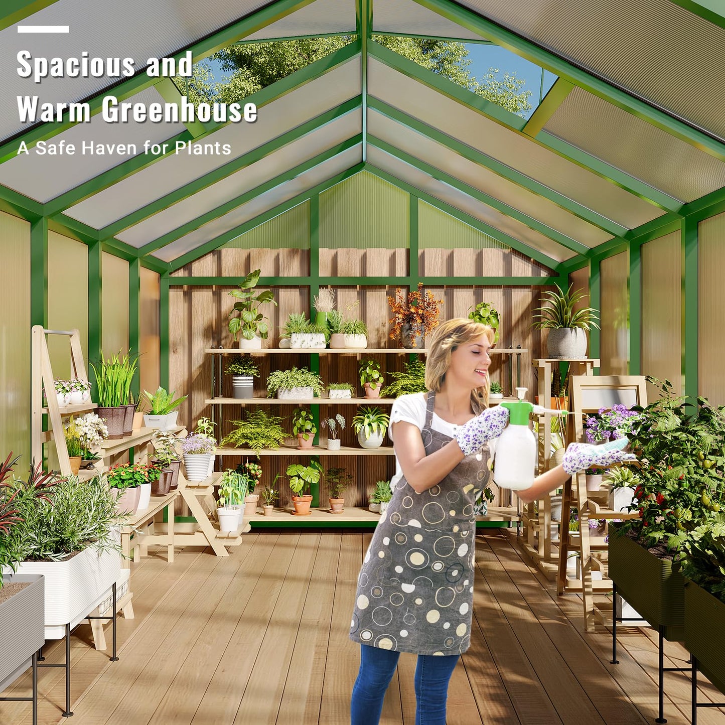 8x12 Ft Outdoor Greenhouses, Greenhouse Kit, Portablee Greenhouses with Ground Nails and Vent Windows, Sliding Lockable Door, Polycarbonate Green Houses for Outside Garden Backyard, Green