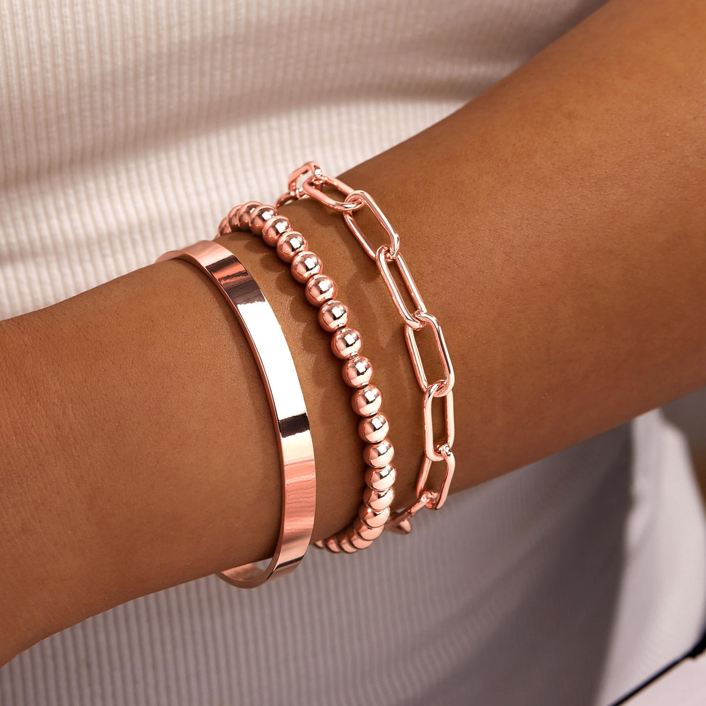 Gokeey Rose Gold Bracelets for Women Non Tarnish Waterproof Rose Gold Bracelets Stack Dainty Cuff Paperclip Bead Cuban Layered Chain for Jewelry Gifts