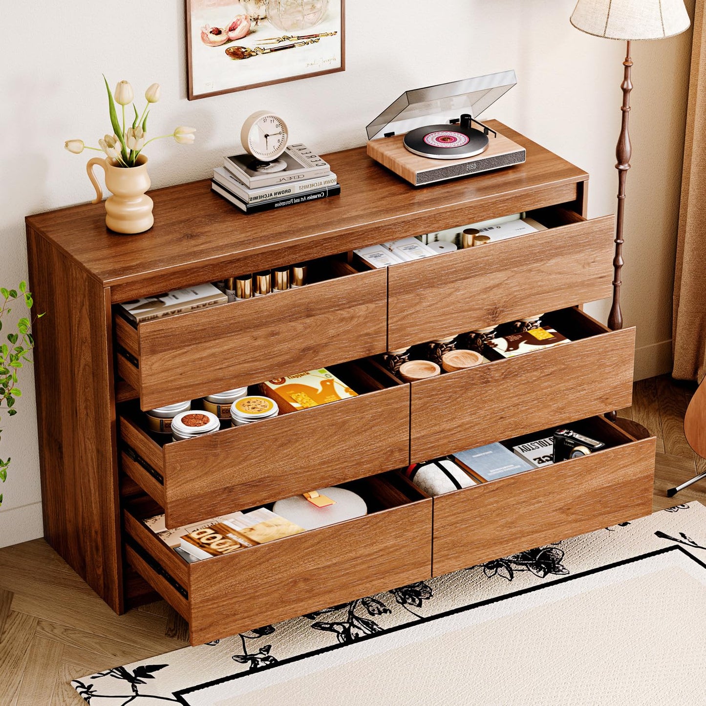 Chrangmay 6 Drawer Dresser,47" Wide Mid Century Chest of Drawers,Wooden Bedroom Drawer Dresser with 6 Storage Drawers for Bedroom,Living Room,with Anti-Tipping Device, Brown