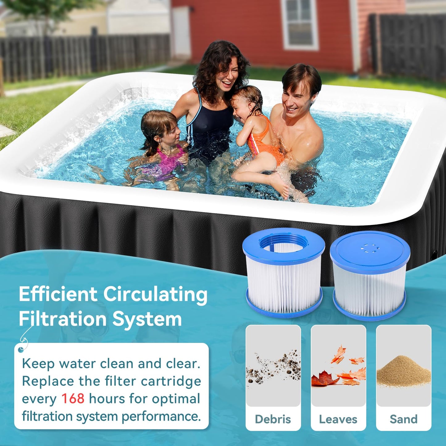 Blow Up Inflatable Hot Tub, 4-6 Person Large Square Portable Hot Tub, Leak-Proof PVC Outdoor Spa with 130 Air Jets, Heater Pump and Insulated Cover, 73” X 73”X 25”