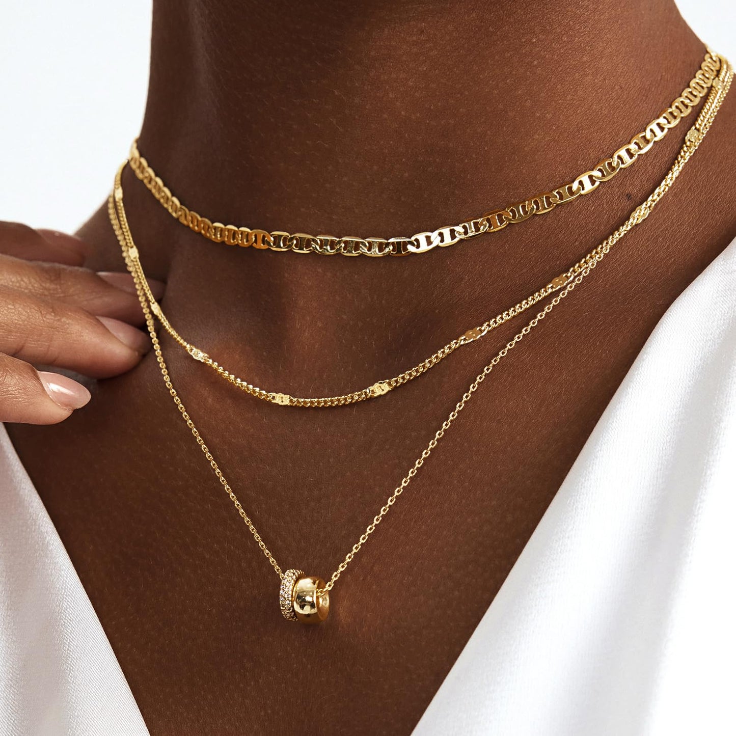OGD Layered Necklaces for Women 14K Gold Plated Trendy Mariner Chain Dainty Circle Rondelle Pendant Choker Necklace for Women Two-Toned Cubic Zirconia Gold Necklace Stack Non Tarnish Hypoallergenic