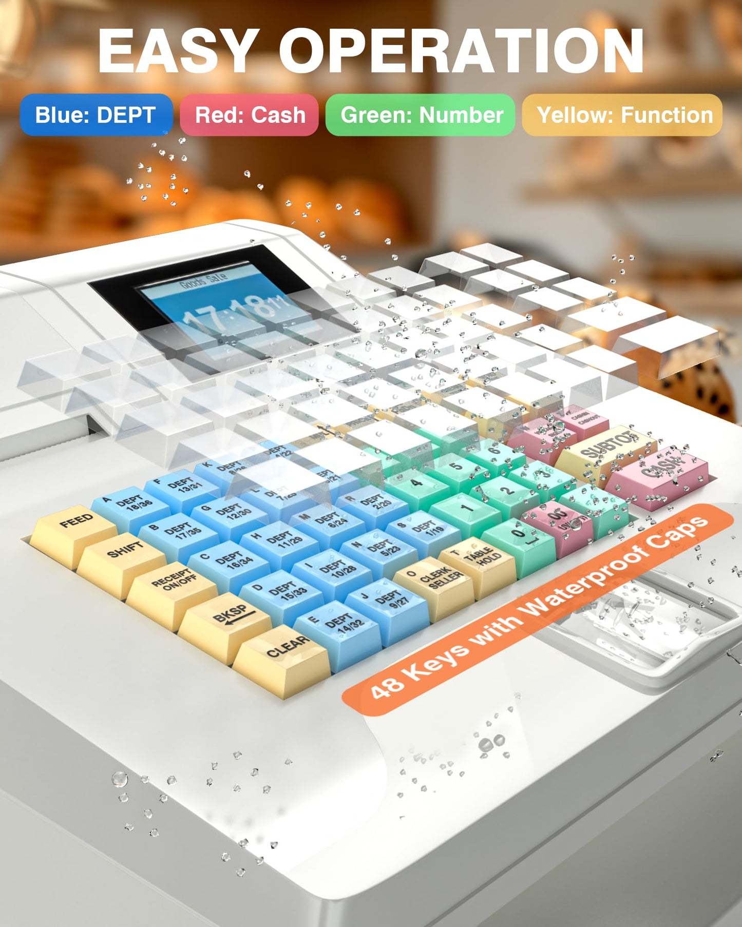 PYY Cash Register for Small Businesses - Commercial Electronic Caja Registradora para Negocio with Lock Cash Drawer Box, 8 Digital Dual Display, 48 Keys, System for Restaurant Supermarket White