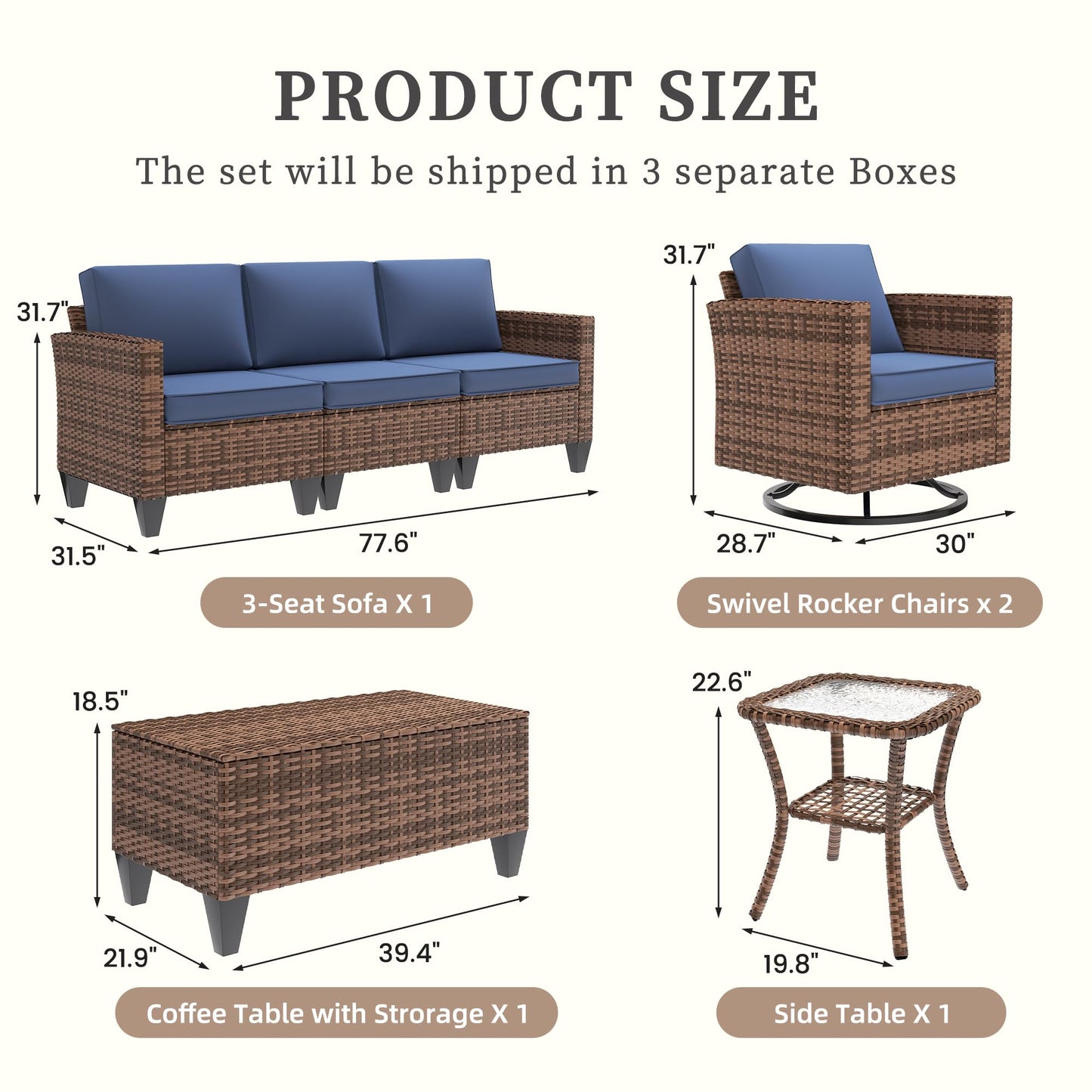 UDPATIO Patio Furniture Set, 5 Pieces Outdoor Conversation Sets with Rocking Swivel Chairs, Wicker Rattan Outdoor Sofa Set with Storage Table and Waterproof Covers for Backyard, Deck, Porch, Navy
