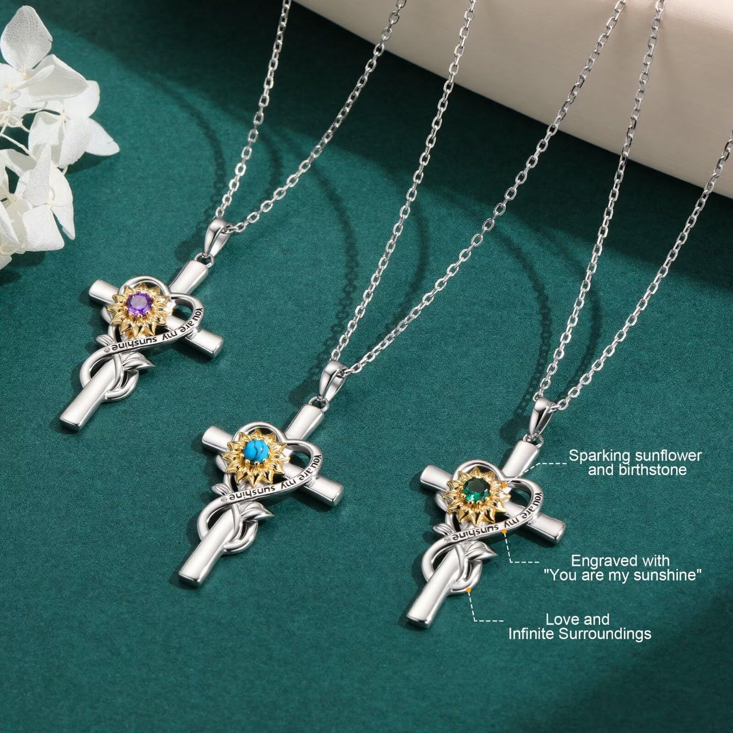 Iefil Mothers Day Gifts for Mom - First Time Mom Gifts | Sunflower Birthstone Necklaces, Simulated Emerald Cross Necklace for Women