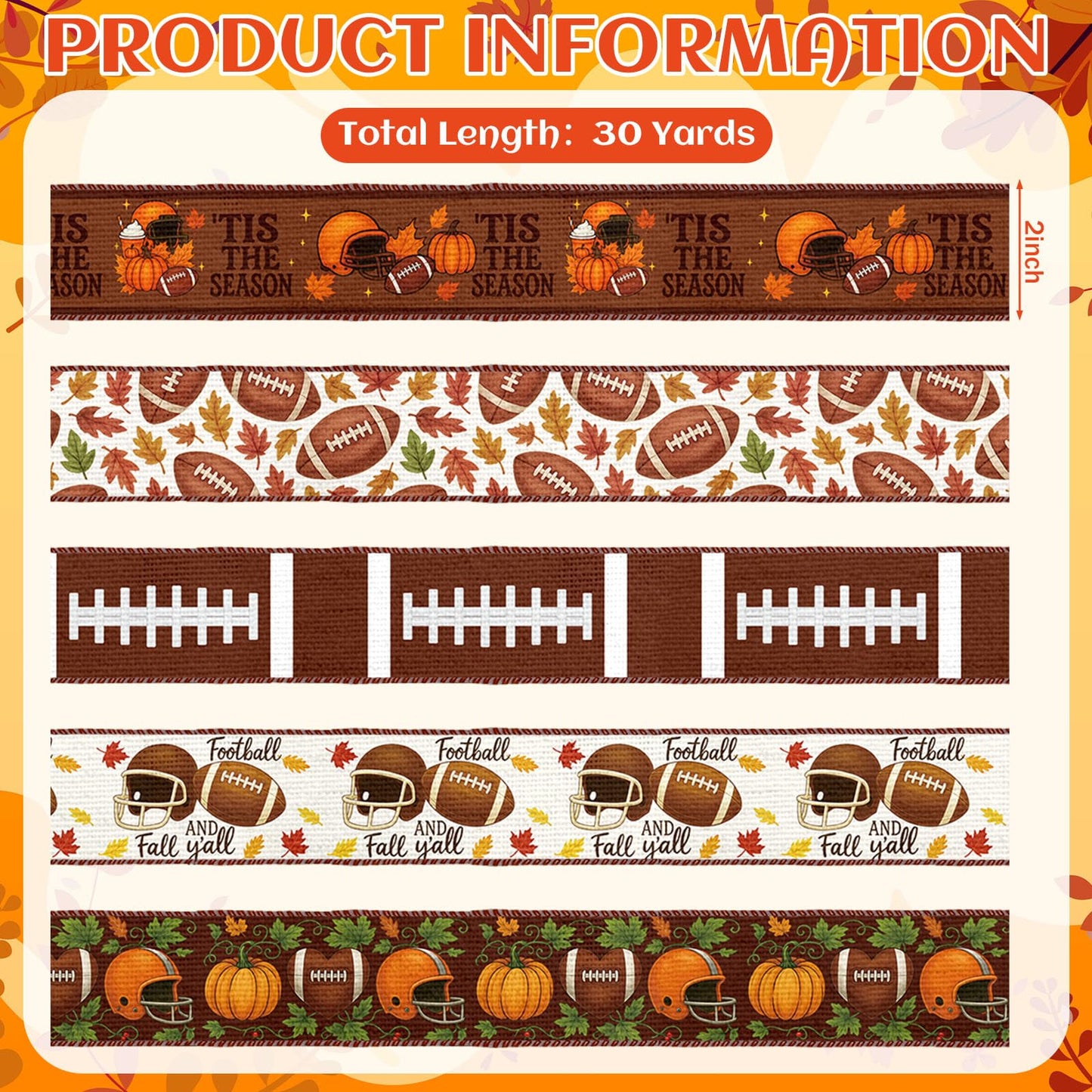 Juexica 6 Rolls Football Fall Wired Edge Ribbon 2 Inch x 30 Yards Brown Orange DIY Crafts Fabric Rustic Football Ribbons for Gift Wrapping Bows Party Wreath Floral Decoration Sewing Supplies