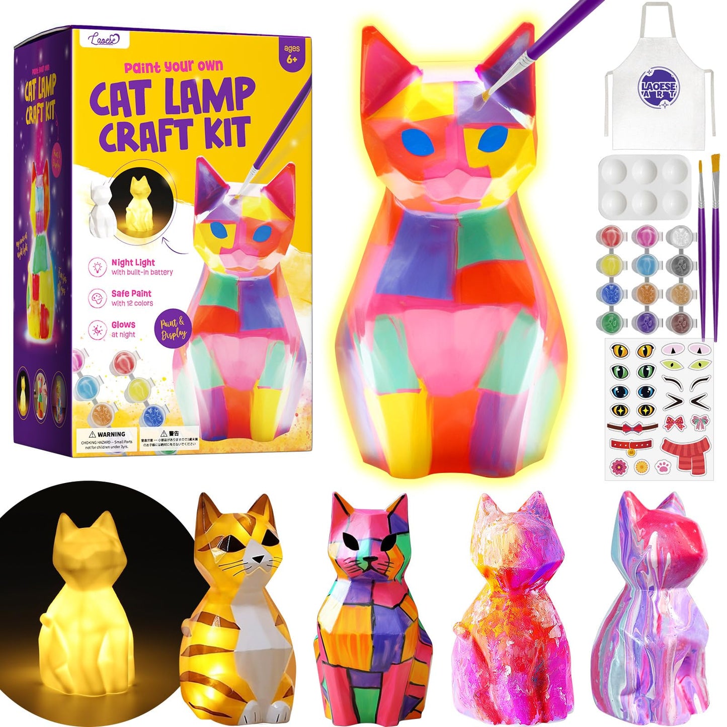 Paint Your Own Cat Lamp Kit, Arts and Crafts for Kids Ages 8-12, Art Supplies Painting kit for Kids 6-12, Cat Night Light Toys Girls Boy Birthday Easter Gifts for Kids Ages 3 4 5 6 7 8 9 10 11 12+
