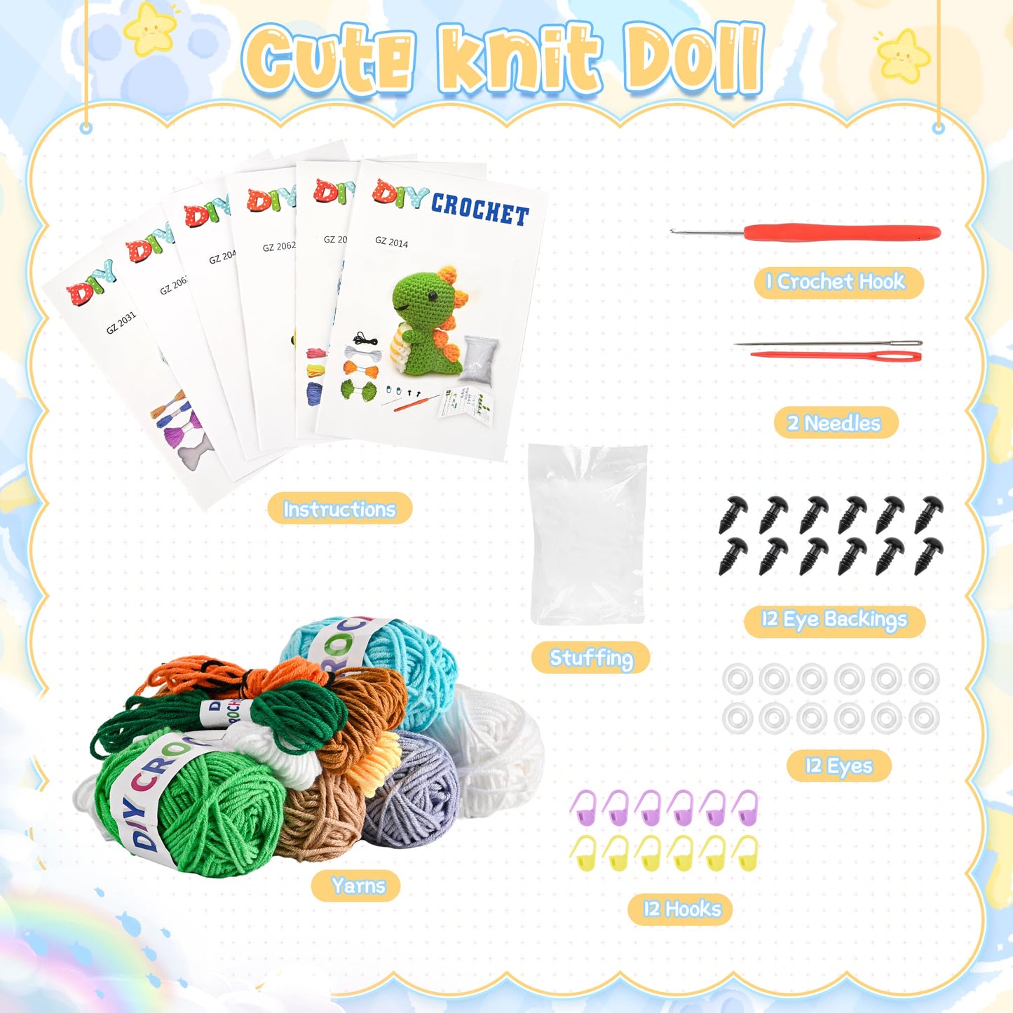 YHOYUJIA 6Pcs Crochet Kit for Beginners, 2026 DIY Craft for Adults, Great Gift for Crochet Lovers, Crocheting Animal Kits with Step by Step Videos,Yarn,Crochet Hook,Birthday Holiday Gift
