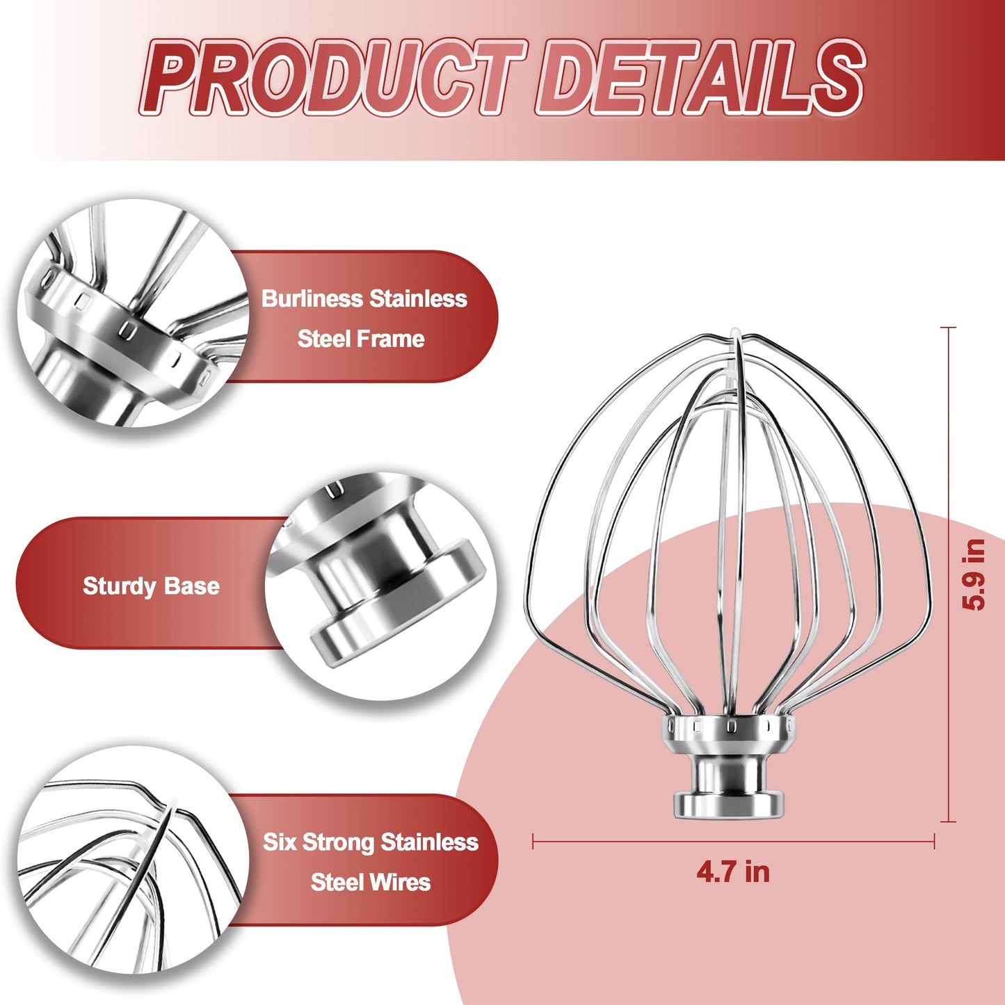 Dishwasher Safe 6 Wire Whisk,Upgrade Real Stainless Steel 6 Wire Whip Attachment for Kitchen aid Mixer,Replace K45WW Whisk Fits Kitchen aid 4.5-5 QT Tilt-Head Stand Mixer,Fast Whipping,No Aluminum
