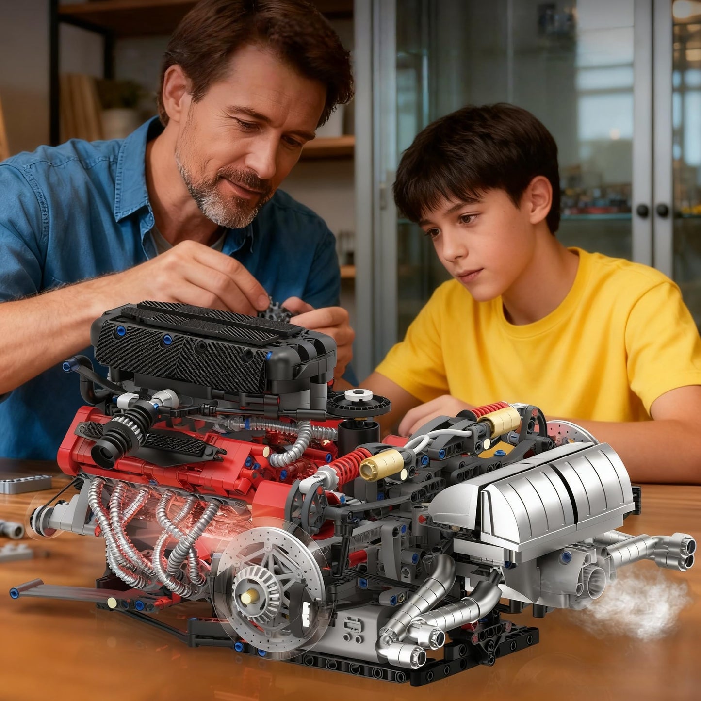 V12 Engine Model Kit that Runs - Visible MOC Physical Science Car Engine Project for Car Enthusiasts with Motor, Lighting and Exhaust,STEM Building Engineering Toy Set for Adults