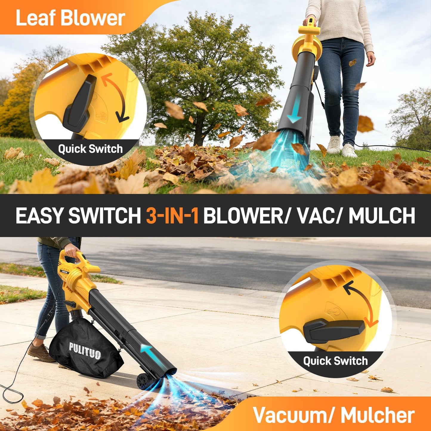 PULITUO 3 in 1 Electric Leaf Blower Vacuum Mulcher with Bag, 530CFM & 170MPH Leaf Vacuum Corded Blowers for Lawn Care, 15:1 Powerful Leaf Mulcher with Shoulder Strap (Yellow)