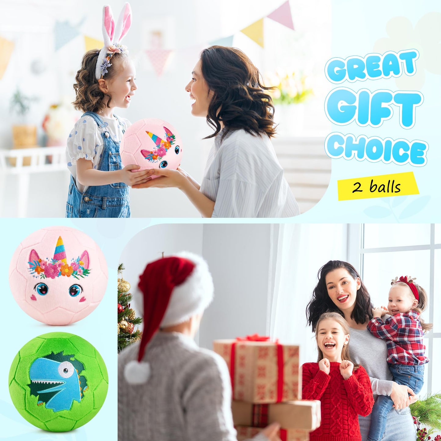 Soft Ball for Toddlers & Babies - Small, Safe & Easy-to-Grip Kickball, Dinosaur & Unicorn Design Soccer Ball - Great First Birthday Gift for Boys & Girls, Plush Indoor Soccer Toy for Ages 1-3 3-8