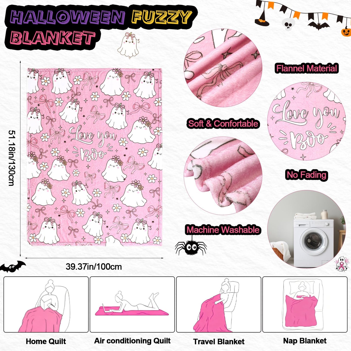 Roshtia 1 Set 7pcs Valentines You're My Boo Basket Gifts for Girlfriend You're My Boo Pink Ghost Handbag Throw Blanket Coffee Mug Candle Jar Spiral Journal Pen Card(Halloween)
