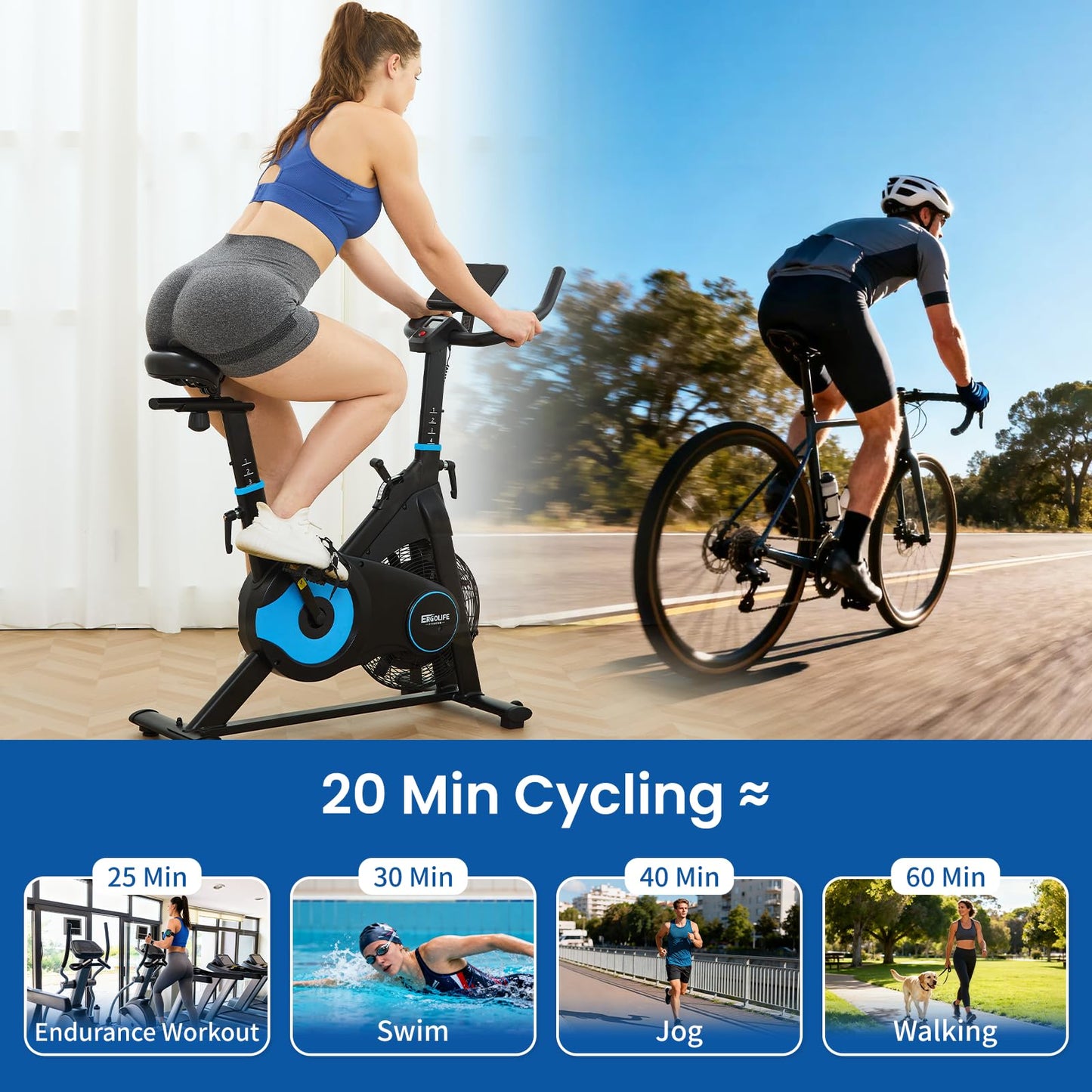 ERGOLIFE Air + Magnetic Resistance Exercise Bike, Stationary Fan Bike with Exclusive App, 8 Resistances Indoor Cycling with 300lbs Weight Capacity & Tablet Holder for Weight Loss
