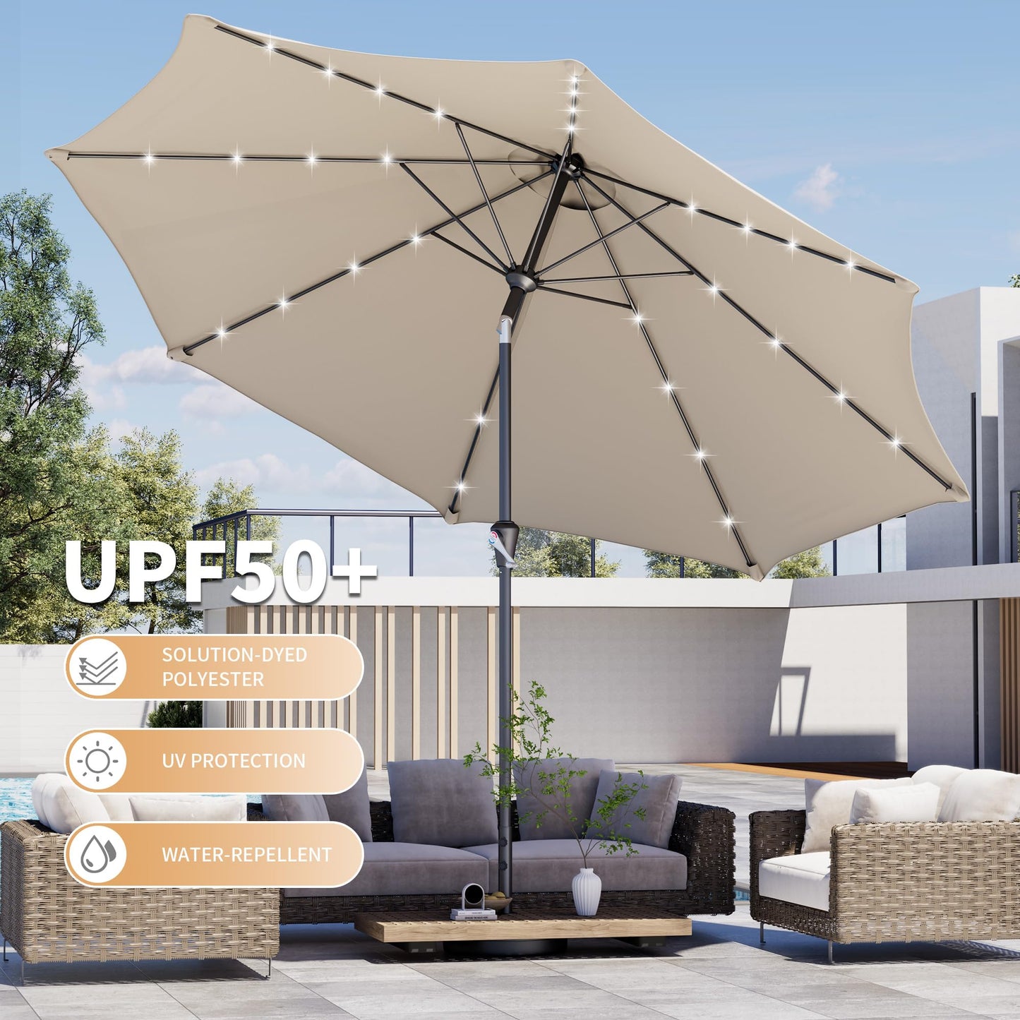 Kingdura 9FT Outdoor Patio Umbrella with Solar Lights, Market Table Umbrella with Push Button Tilt & Crank, 8 Sturdy Ribs, 32 LED Lights, UV Protection for Garden Lawn Deck Backyard Pool (Beige)