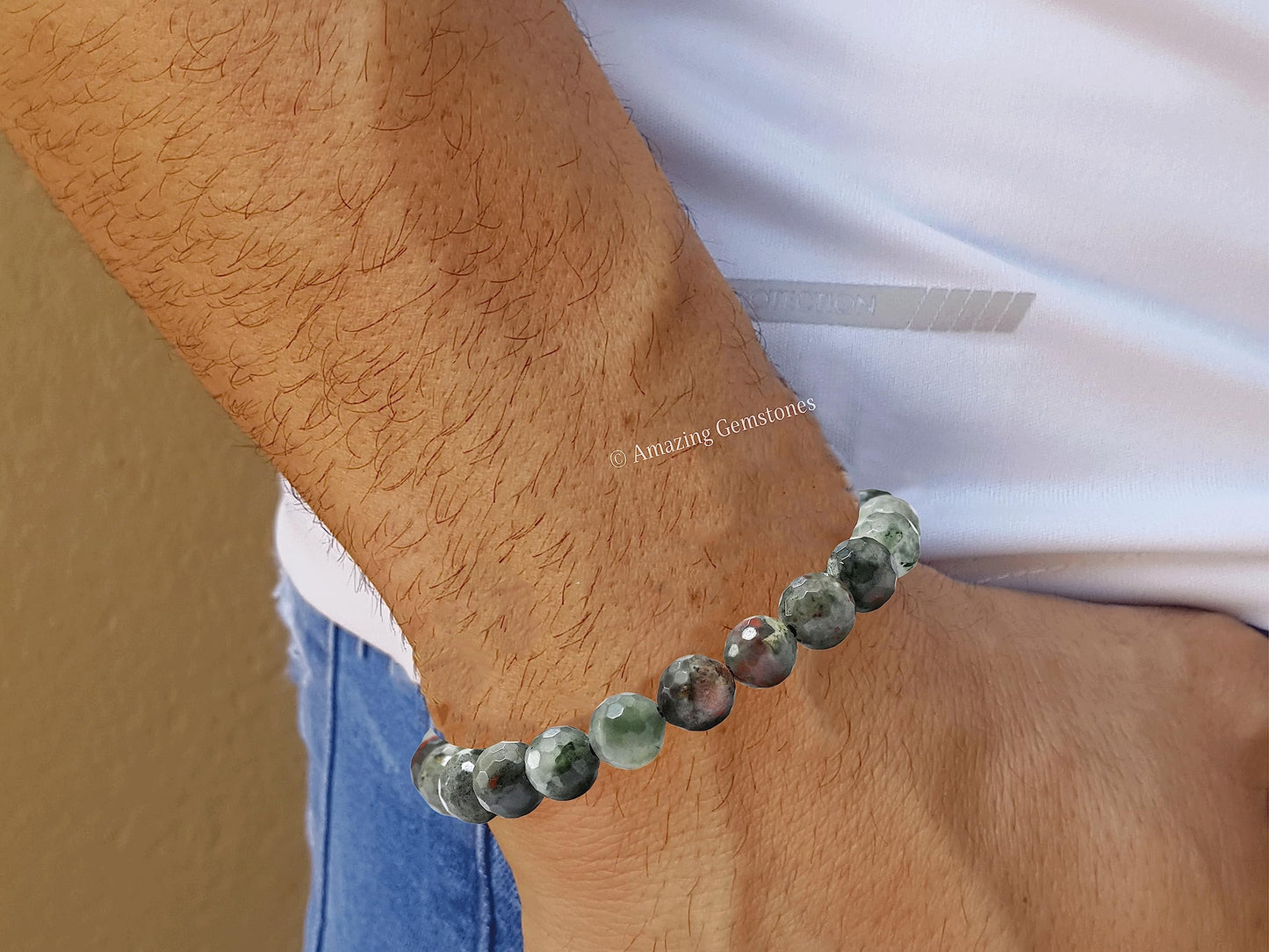 Amazing Gemstone African Bloodstone Bracelet for Women - Chakra Mens Bracelet Protection Crystals & Healing Stones - Blessing Faceted Beaded Bracelet Spiritual Meditation Gift Christmas (Adjustable)