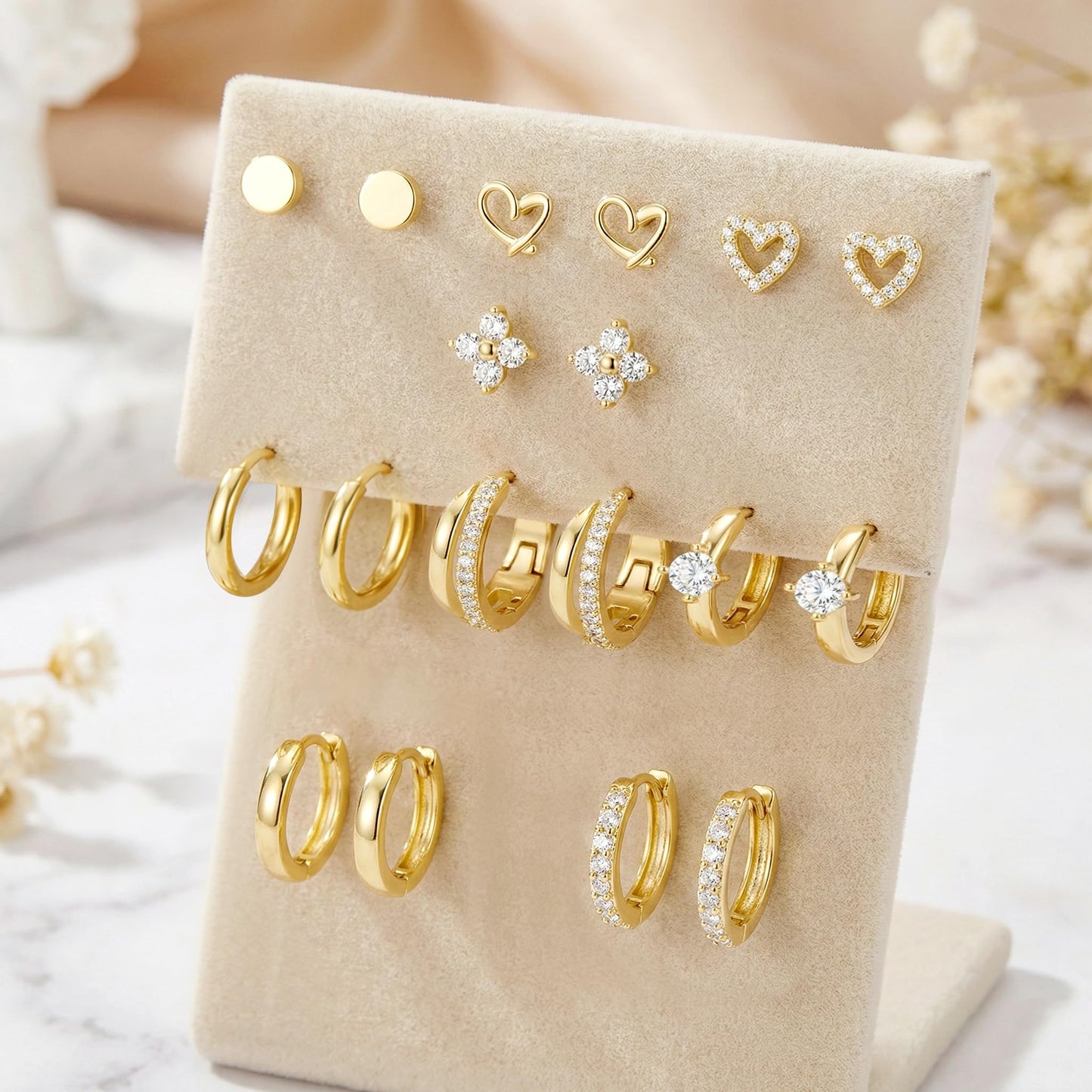 Nunpag 9 Pairs Hypoallergenic 14K Gold Plated Flat Back Earrings for Women CZ Stones Studs Earring Circle Heart Clover Hoop Earrings Stainless Steel Jewelry Gift for Sensitive Ears