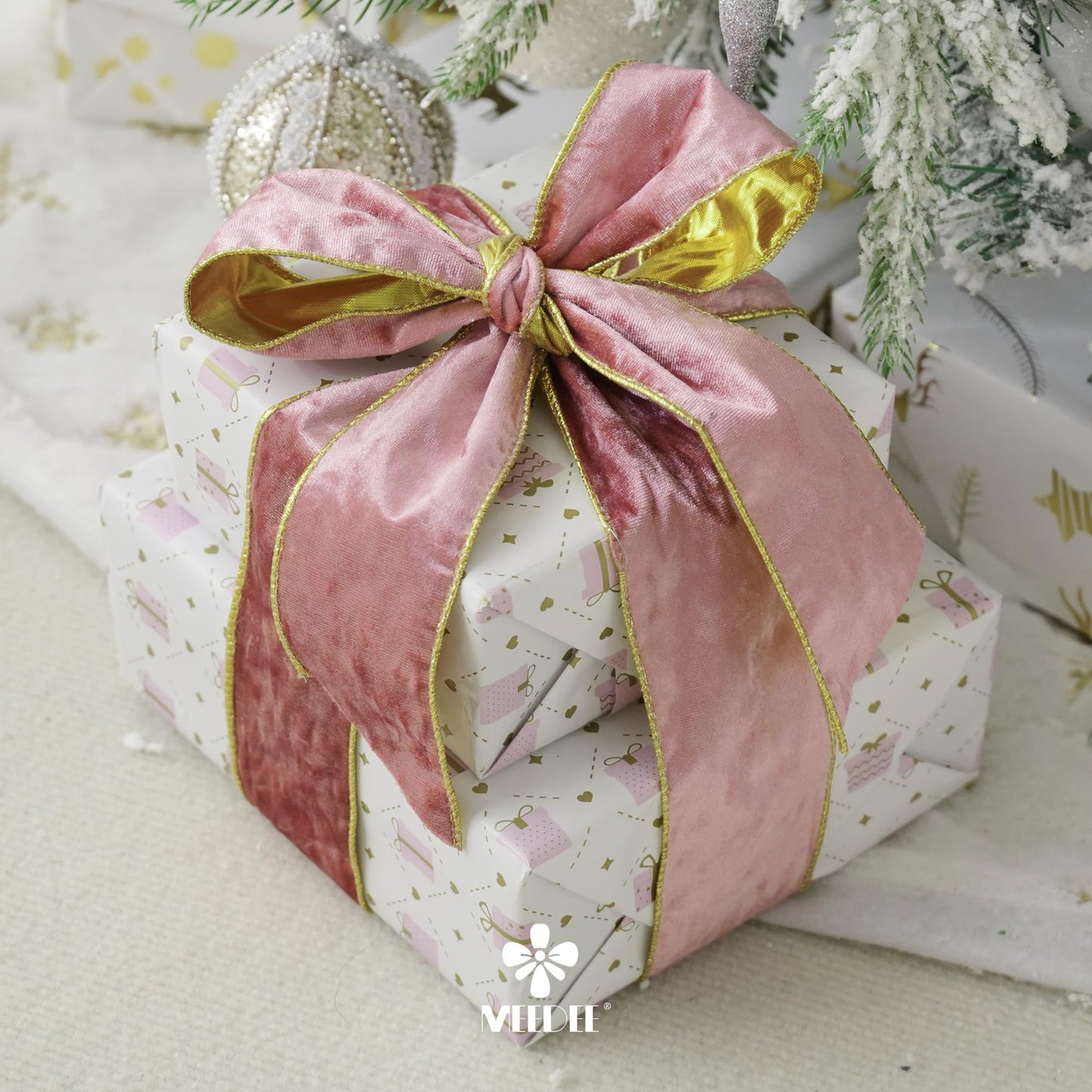 MEEDEE Pink and Gold Velvet Ribbon 2.5 inch Thick Velvet Wired Edge 10 Yards Two Tone Ribbon for Christmas Tree, Gift Wrapping, Wreaths, Large Bows, Crafts Supply