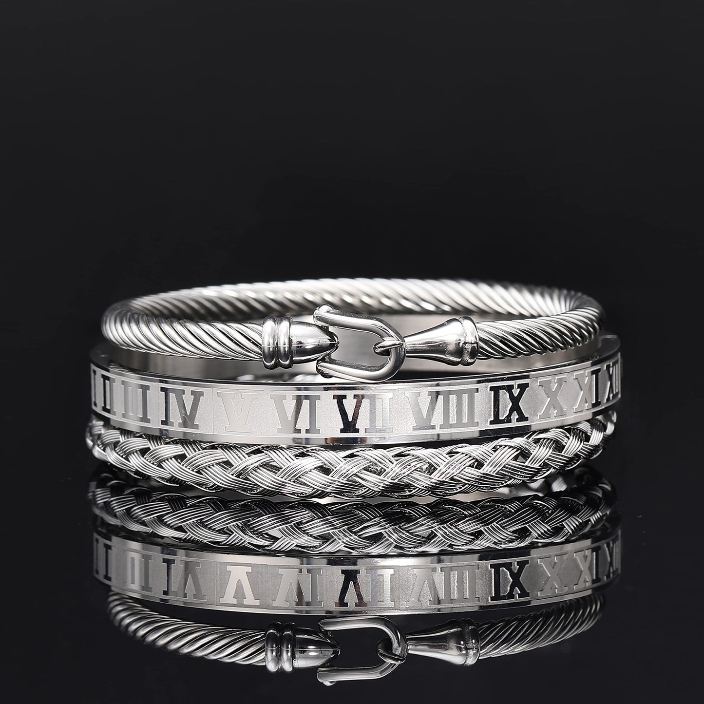 WFYOU 3PCS Stainless Steel Bracelets for Men Gold Roman Numeral Bangle Bracelet Twisted Cable Bracelet Adjustable Cuff Bracelet Mens Luxury Jewelry Bracelets Gifts