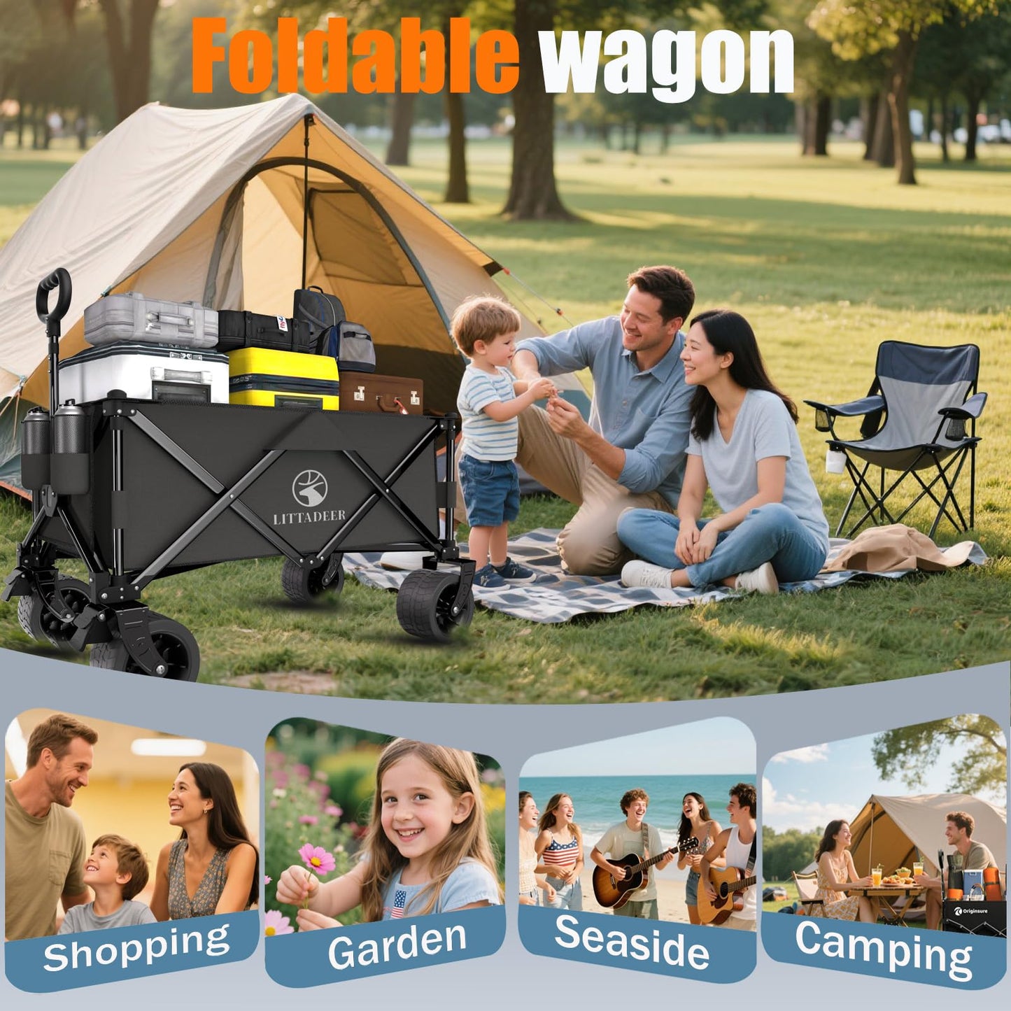 Littadeer Wagons carts Foldable with Silent All-Terrain Wheels, Collapsible Heavy Duty Beach Wagon with Cup Holders and Brakes, Large Foldable Wagon for Camping,Garden,Shopping,Sports Black