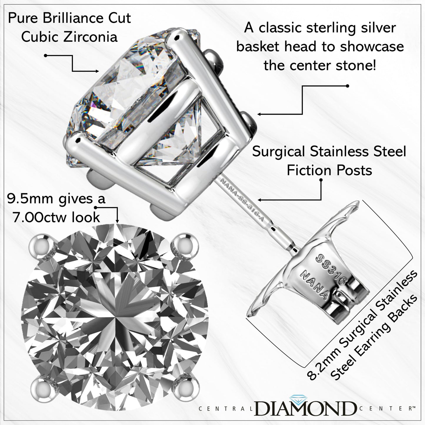 Central Diamond Center Round Simulated Diamond Stud Earrings Hypoallergenic Metal & Sterling Silver CZ - 9.50mm (7.00cttw) Yellow