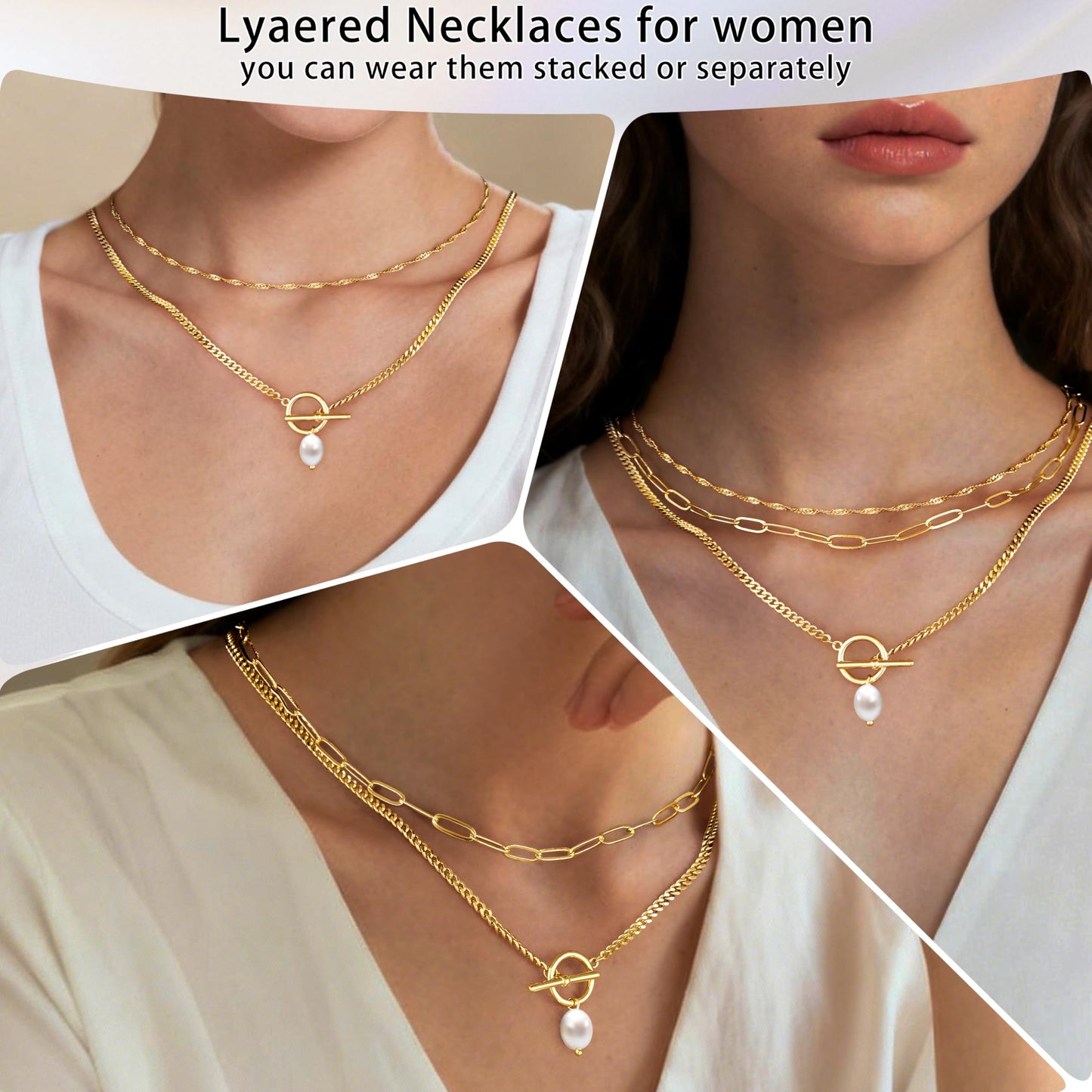 Layered Gold Pearl Pendant Toggle Necklaces for Women Dainty 14K Gold Plated Stack Trendy Choker Paperclip Necklace Simple Toggle Pearl Chain Twist Rope Chain Jewelry Set Gifts for Women