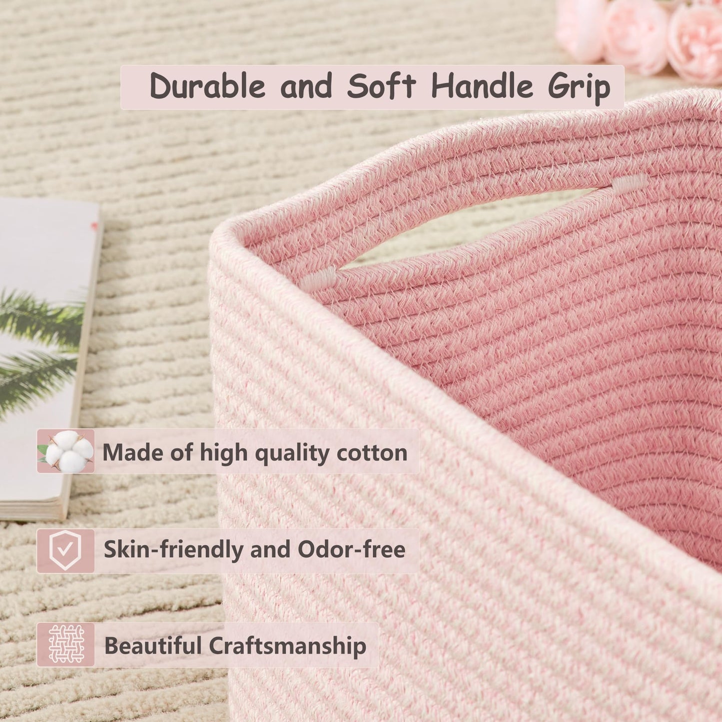 ENAORGAN Set of 4 Pink Rope Basket for Shelves Woven Rectangle Storage Basket Bins for Nursery Toy Storage for Baby Girl