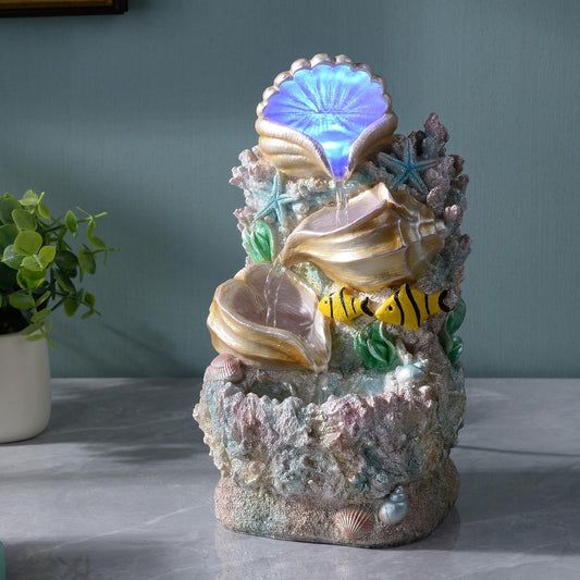 GOSSI Themed Coral Shell Fountain Tabletop Home Décor Indoor Desktop Fountains Perfect for Zen Waterfall Meditation Waterfall Decor Fountain with LED Lights(23037)