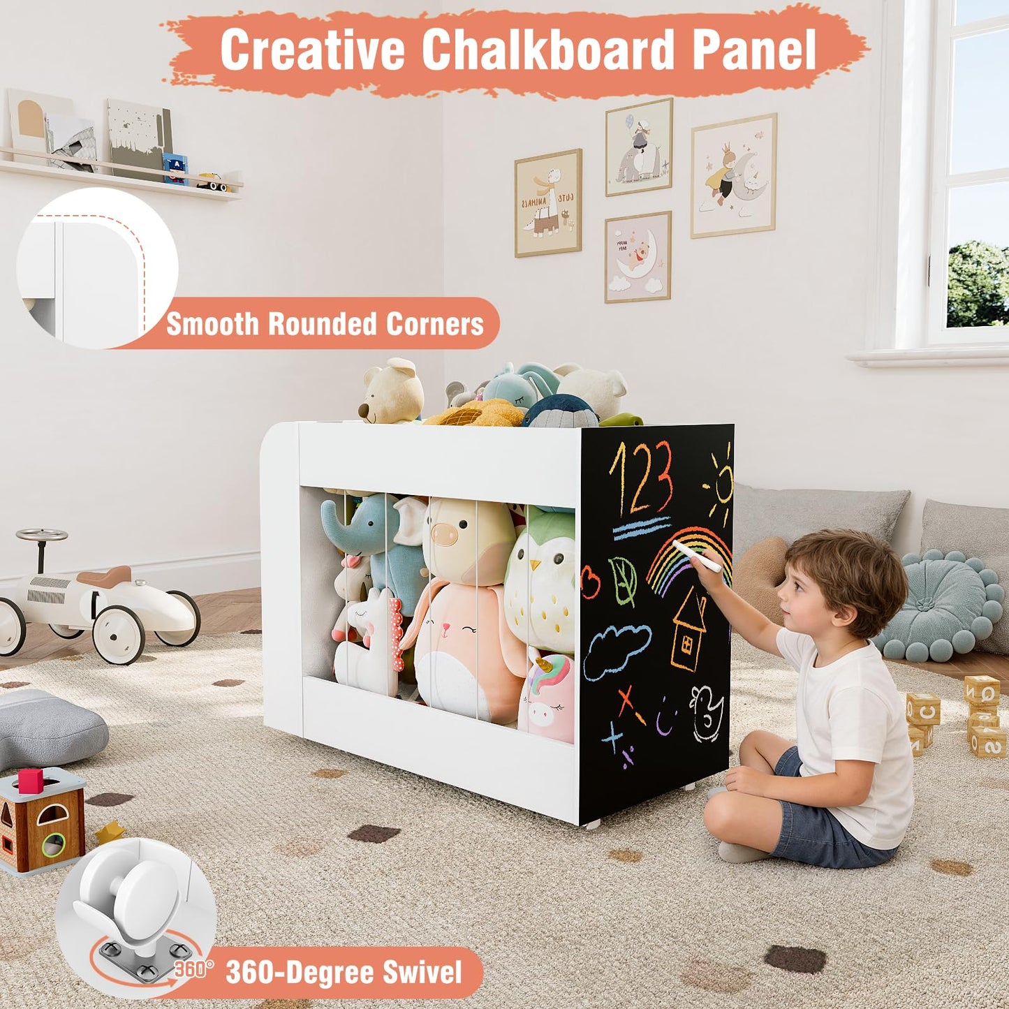 VortinT 3-in-1 Toy Storage Box with Bookshelf and Chalkboard, Large Stuffed Animal Toy Chest on Wheels, Kids Toy Storage Organizer Bin for Kids Room, Nursery & Playroom, for Kids, White