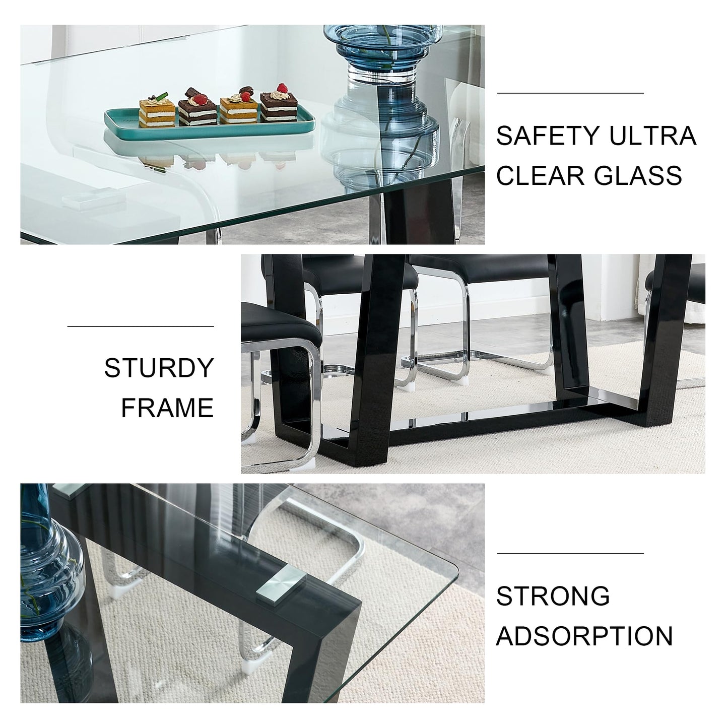 Ebullient Glass Dining Table Set for 4, Modern Dining Table Set for 4, Tempered Glass Tabletop with Black MDF Trapezoid Legs, Rectangle Kitchen Table with 4 Faux Leather Chairs for Home, Apartment