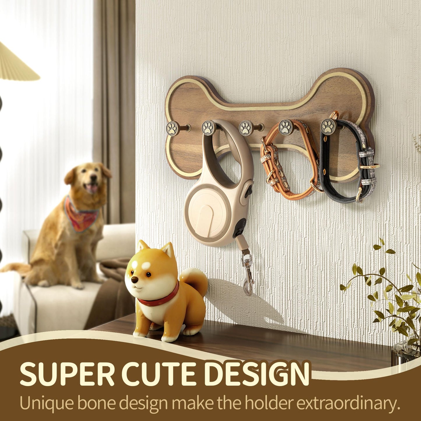 MTERSN Farmhouse Dog Leash Holder for Wall – Dog Stuff Organizer and Dogs Bone Key Holder Wall Mount with 3D Puppy Paw Hooks - Cute Stuff for Pet Lover Gifts (Acacia Wood)