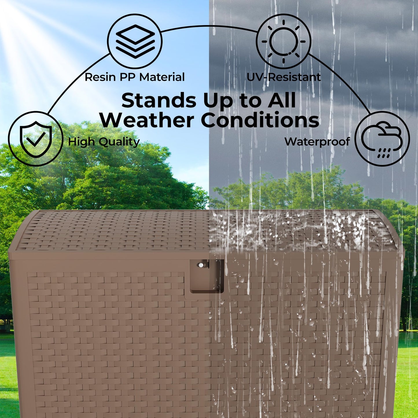 99 gal Brown Resin Deck Box, Outdoor Storage Box Waterproof Lockable, Patio Deck Box For Package Delivery, Outside Storage Box Container for Furniture Cushions, Garden Tools, Pool Accessories