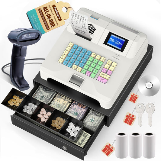 Perfiware Cash Register for Small Businesses with Scanner（HS1000）& Removable Checkport Cash Drawer,Electronic Cash Registers with Dual Display and Receipt Printer,Dust-Proof& Oil Proof