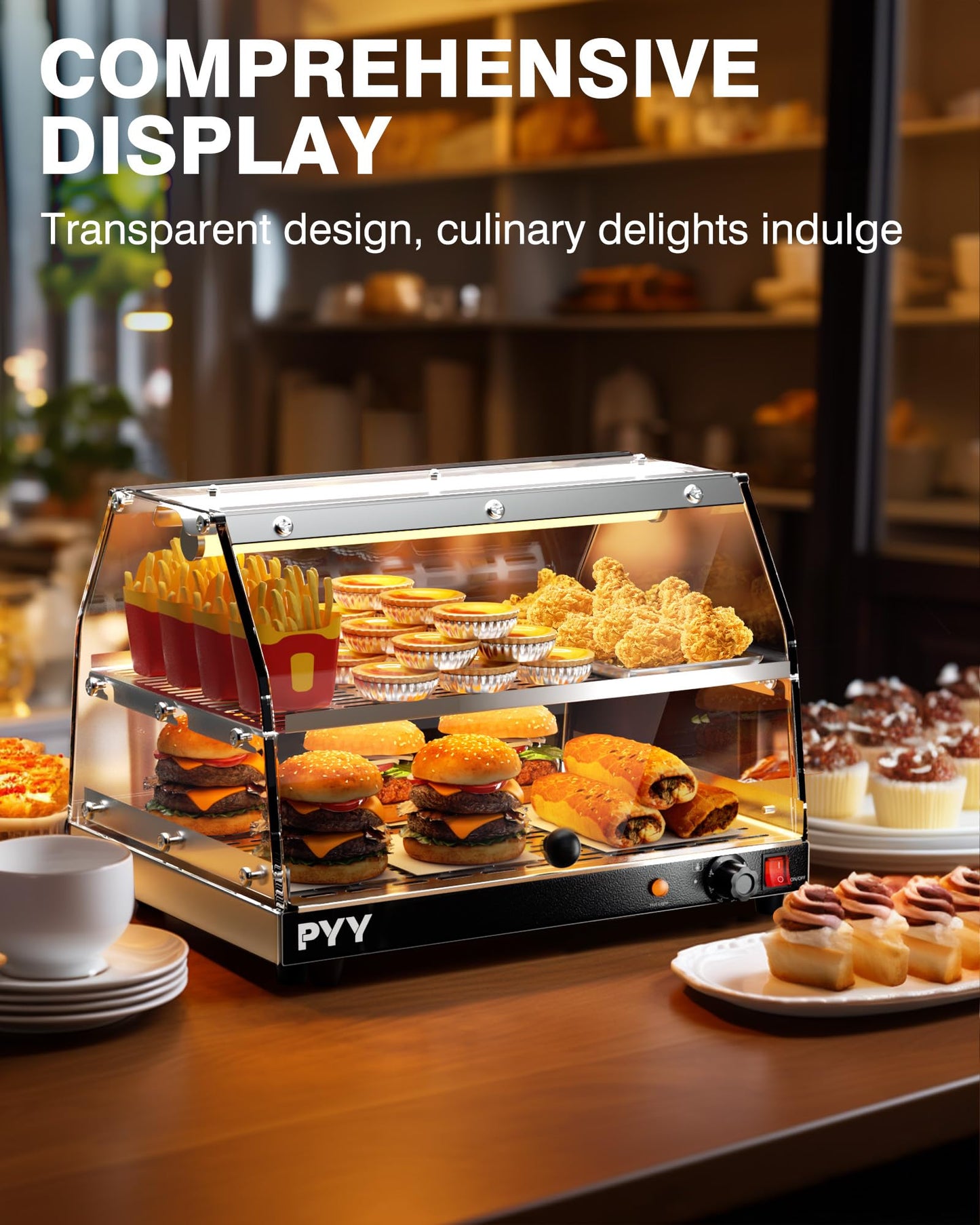 PYY Commercial Food Warmer Display, 2-Tier Electric Countertop Food Warmer with LED Lighting Adjustable Glass Door, Pastry Display Case for Buffet Restaurant
