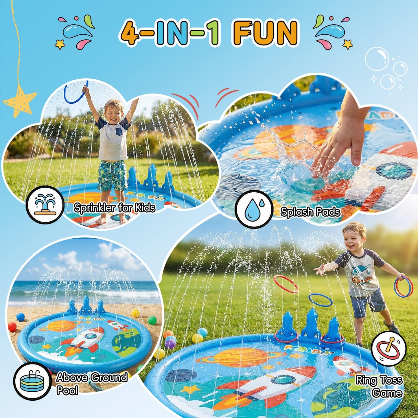 Peradix Toddler Splash Pad for Kids, 67" Sprinkler Mat with Ring Toss Game, Kids Summer Toys for Boys Girls & Family, Baby Splash Pad for Outside Backyard Garden Lawn Water Games, 6 Plastic Rings