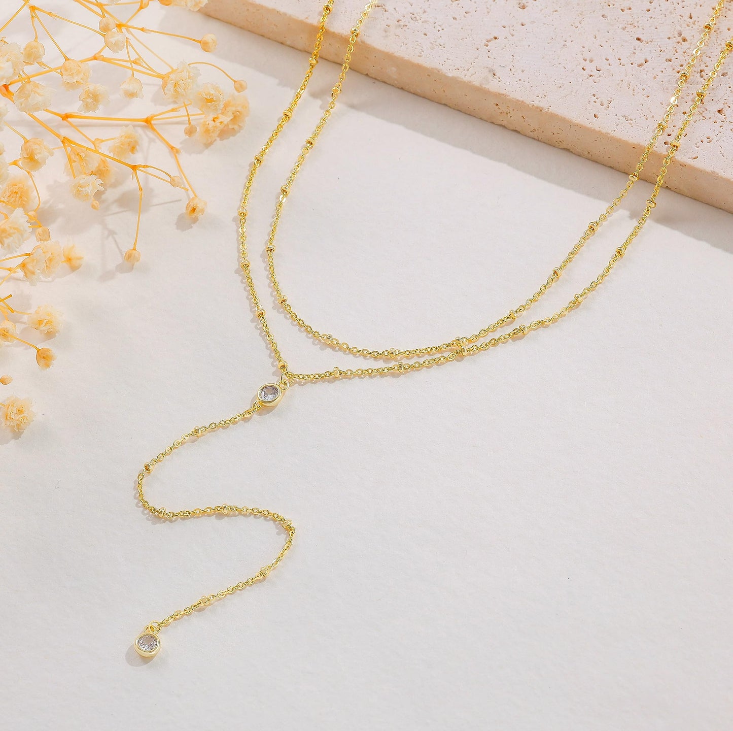 Poaiiu Lariat 14k Gold Plated Necklace for Women, Dainty Long Layered Y Necklaces CZ Pendant Beaded Choker Necklace Simple Trendy Gold Jewelry Gift for Women