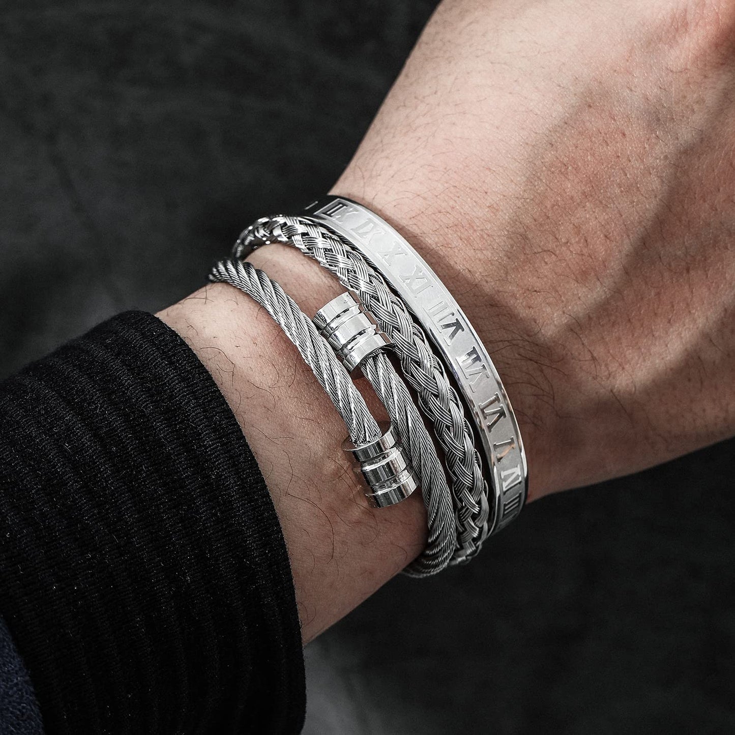 WFYOU 3PCS Stainless Steel Bracelets for Men - Gold Roman Numeral & Adjustable Cuff Bracelets - Luxury Mens Jewelry Gifts, 2.5 inch, Metal, stainless-steel