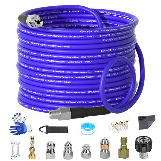 NIFUAL 50FT Sewer Jetter Kit for Pressure Washer, 5800PSI Drain Cleaner Hose 1/4 Inch NPT Corner, Rotating and Button Hose Sewer Jetting Nozzle Waterproof Tape Pearl Corsage Pin Spanner Glove