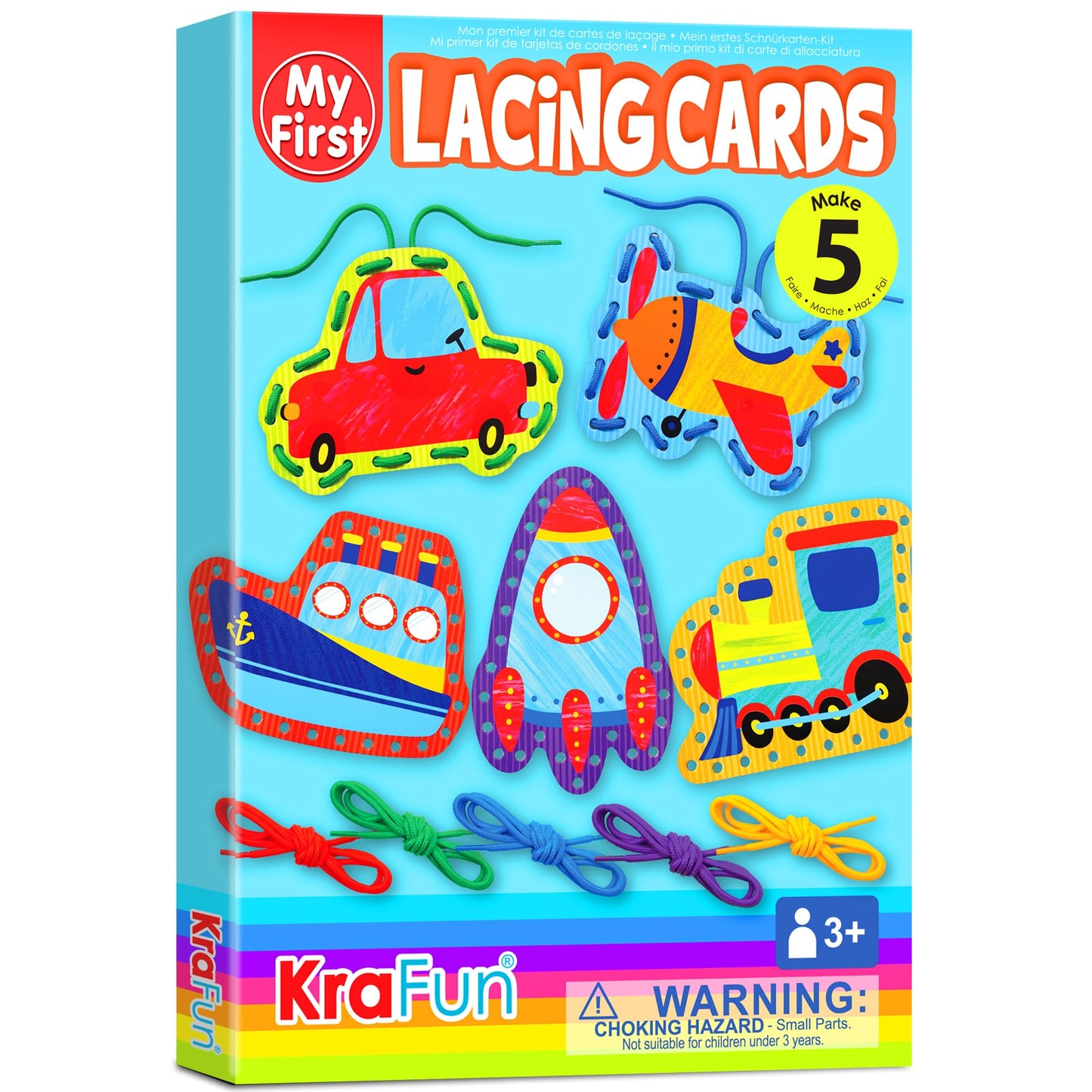 KRAFUN Preschool Beginner First Lacing Card Kit for Kids Training Arts & Crafts, 5 Easy Transport and Cars Lacing Projects, Craft Paper Cards for Toddlers, Fine Motor Skills Toys